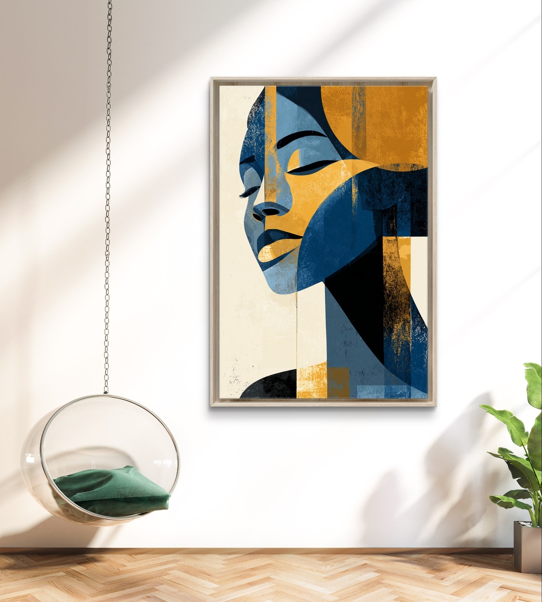 תמונת קנבס מודרנית של דיוקן נשי בגווני כחול וזהב בסגנון גאומטרי – תכשיט לבית