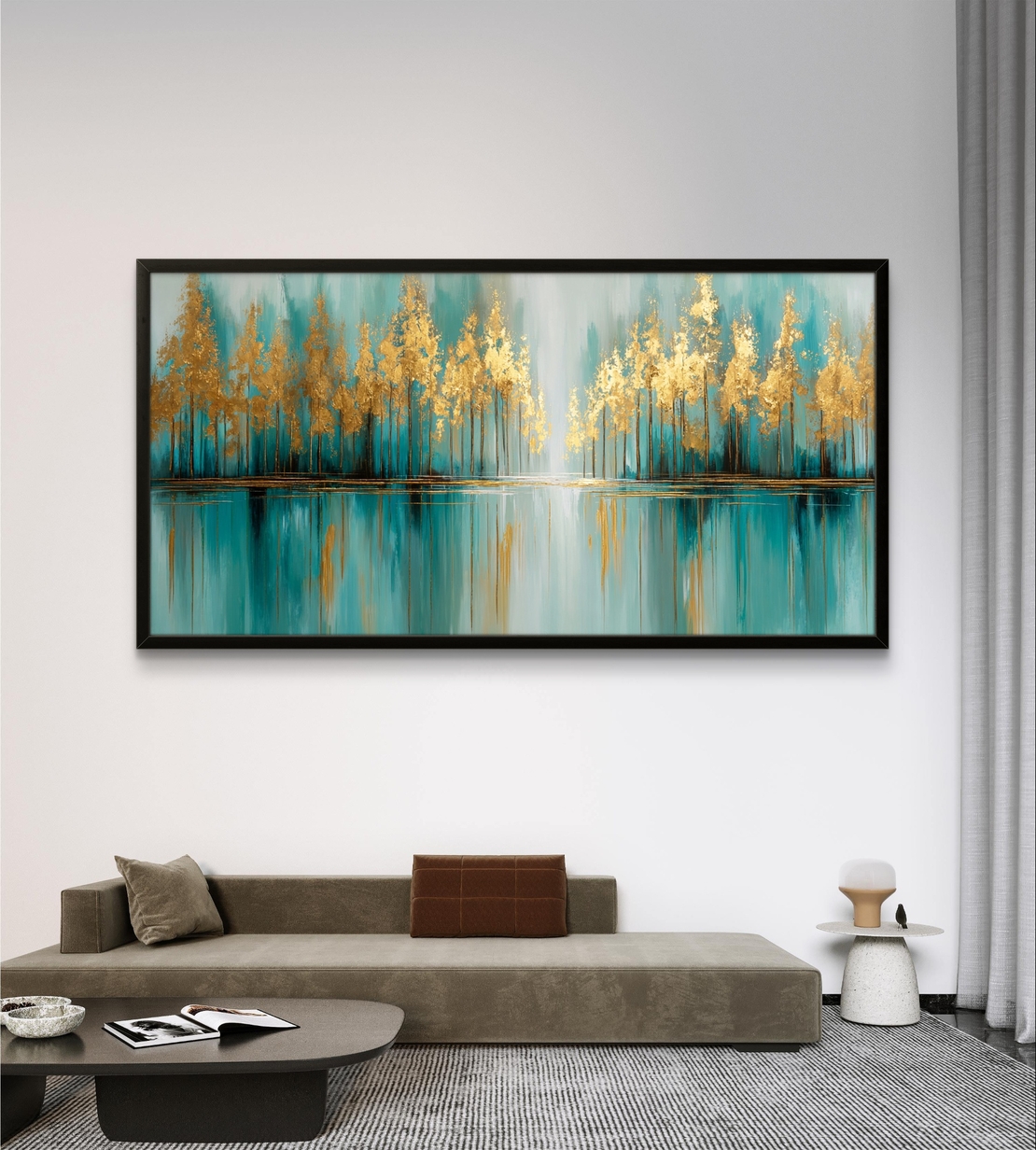תמונת קנבס לרוחב עם עצים מופשטים בגווני טורקיז ונגיעות זהב המשתקפים במים, בהדפסה חלקה לעיצוב מודרני ויוקרתי.