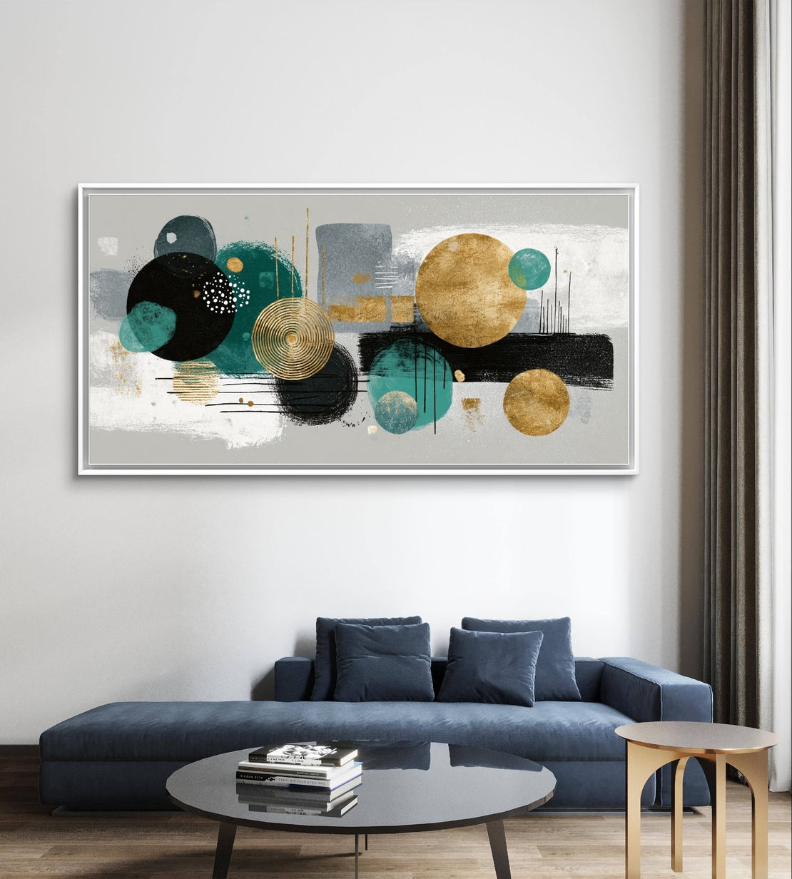 קנבס אבסטרקט עם קומפוזיציית עיגולים וזהב על רקע בהיר.