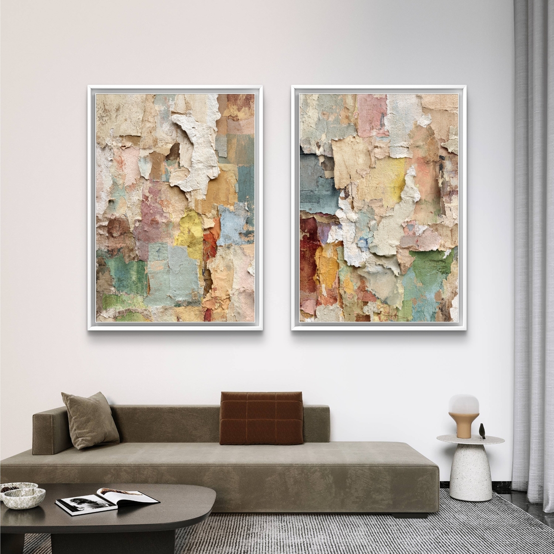 סט תמונות קנבס זוגיות עם שכבות צבע וטקסטורה בהשראת קירות עתיקים בגווני פסטל טבעיים