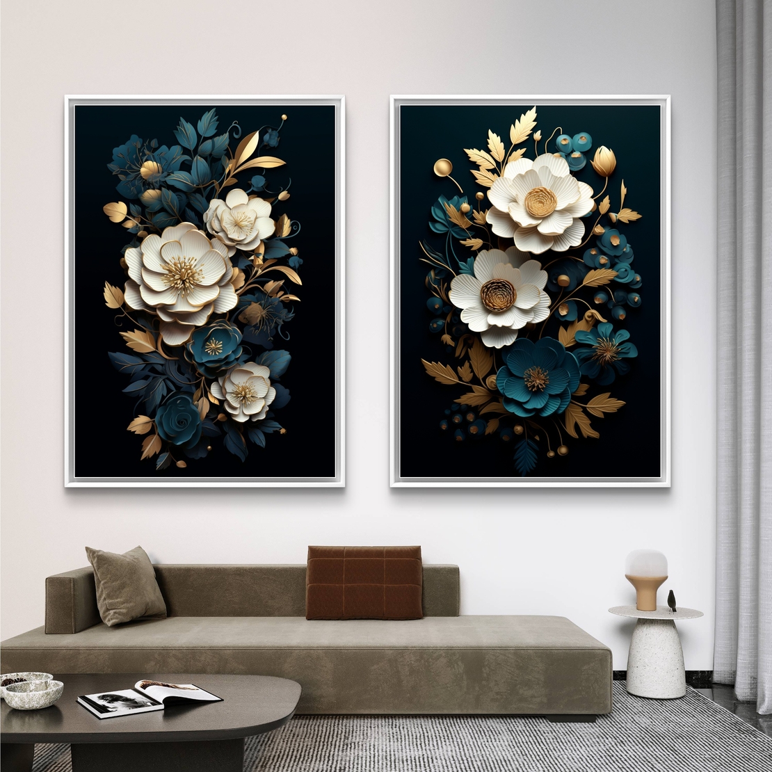 תמונת קנבס זוגית פרחונית בגווני שחור, טורקיז ולבן עם נגיעות זהב יוקרתיות