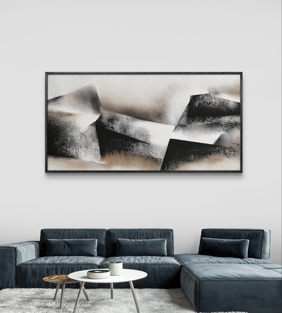 תמונת קנבס לרוחב בעיצוב אבסטרקט גאומטרי בגווני שחור, אפור ושמנת בסגנון מינימליסטי