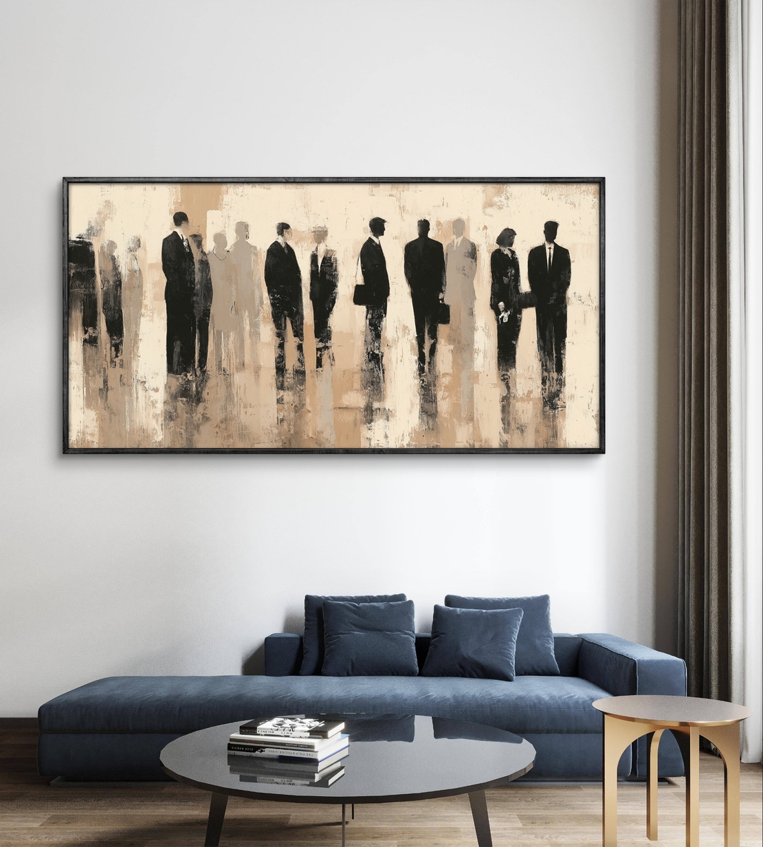 תמונת קנבס של דמויות מופשטות בגווני שחור ובז' בהדפסה חלקה ללא תבליט, מקולקציית תכשיט לבית.