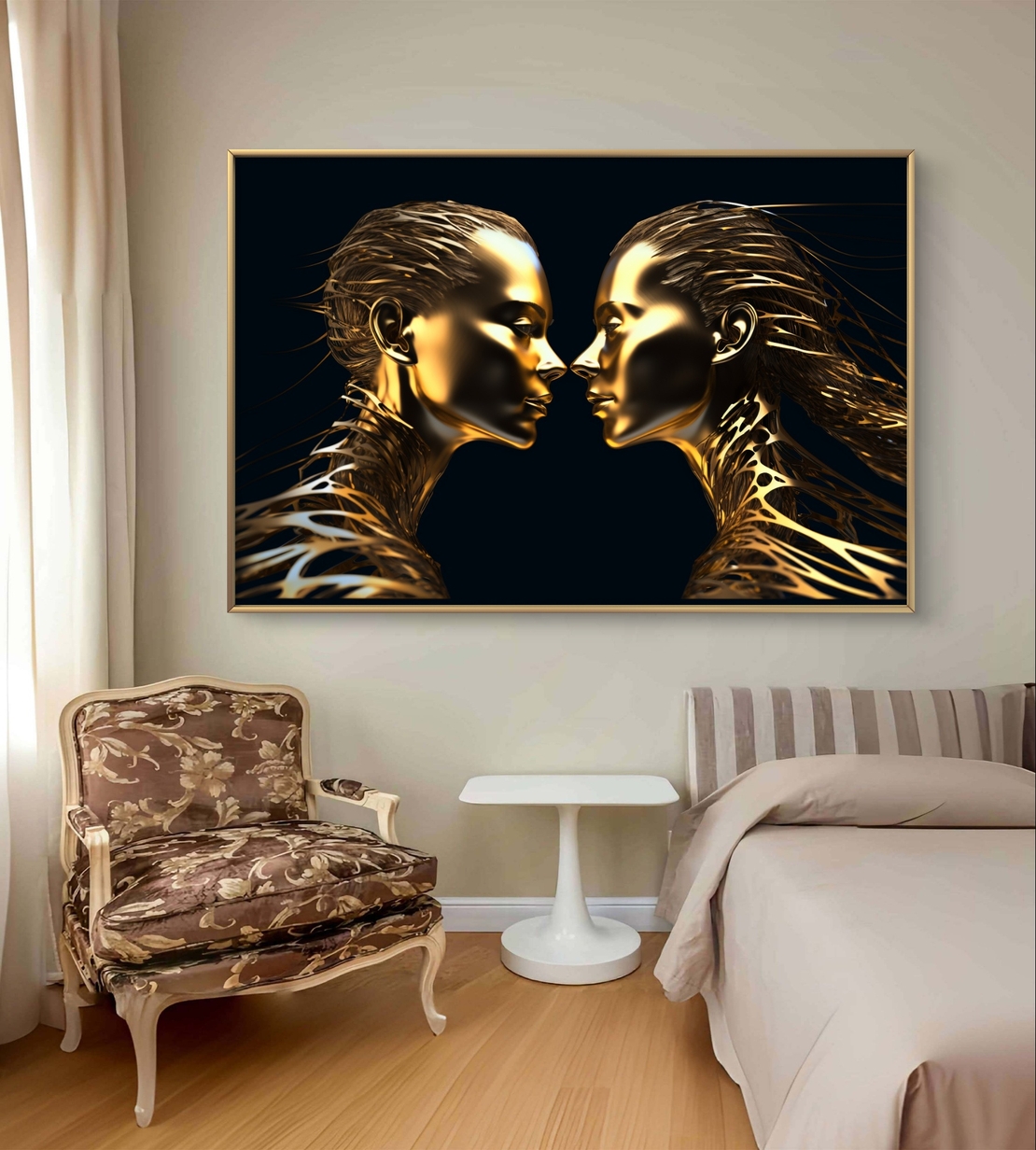 תמונת קנבס לרוחב עם שתי דמויות זהובות סימטריות על רקע שחור בעיצוב מודרני ויוקרתי