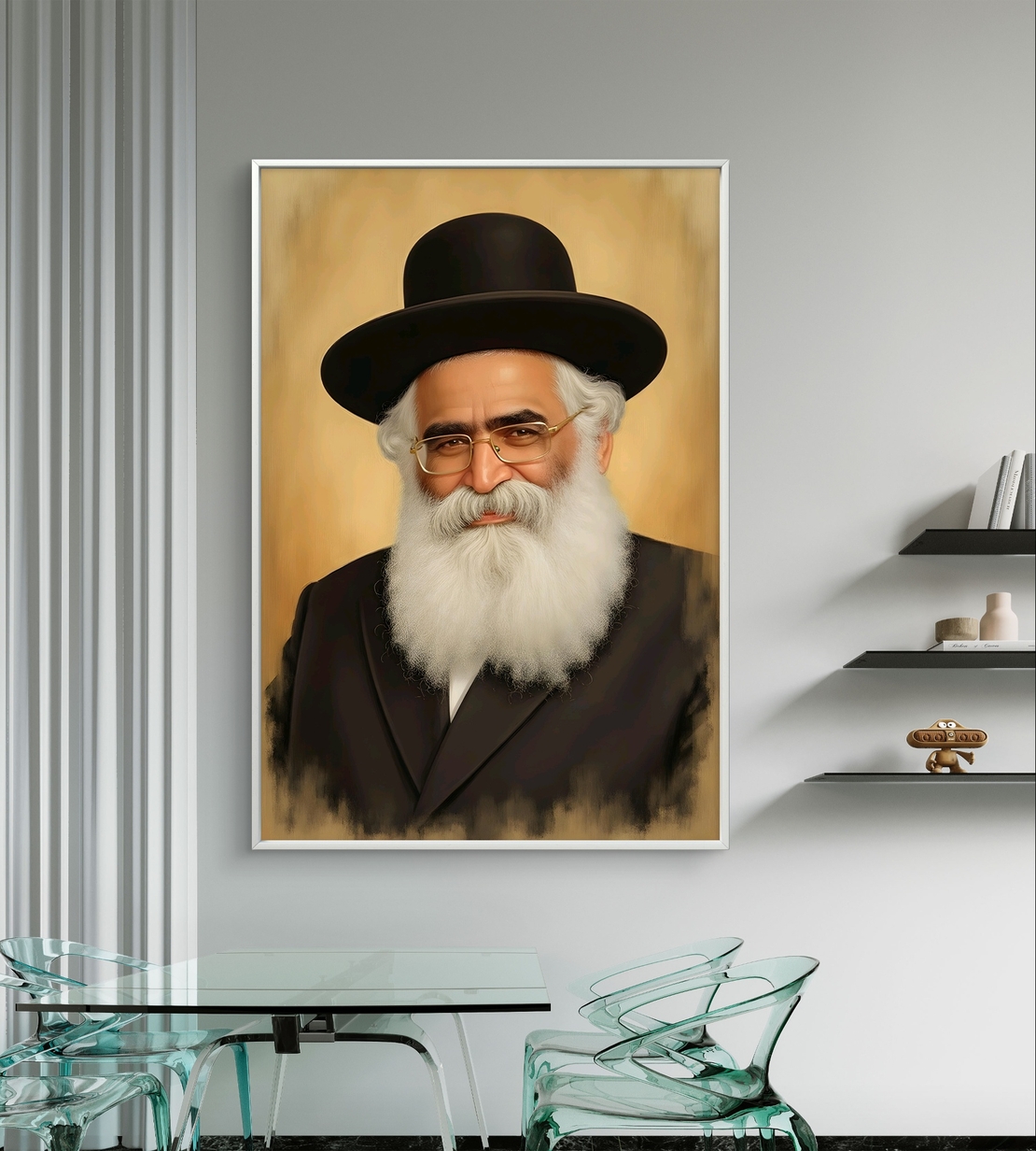 תמונת קנבס של רב מכובד עם זקן לבן וכובע שחור, על רקע בגוונים חמימים, משדרת רוחניות וחוכמה.
