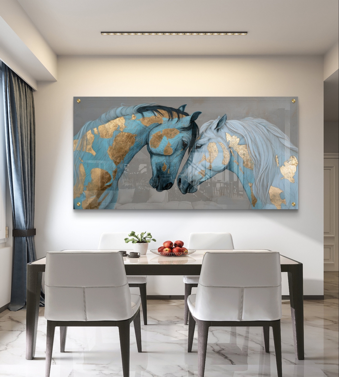 זוג סוסים בכחול וזהב על זכוכית – תמונת זכוכית יוקרתית לסלון | GX4172