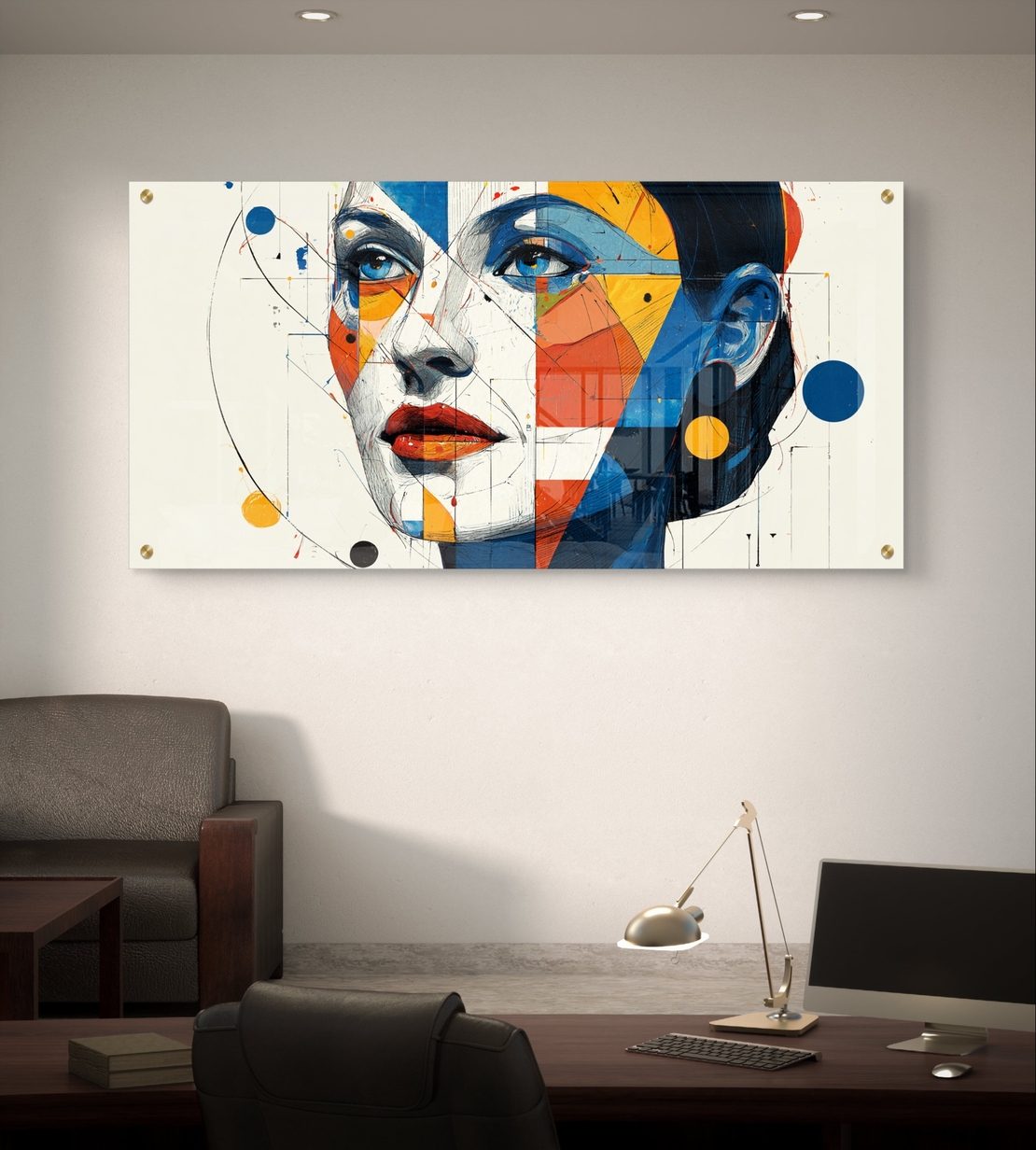 תמונת זכוכית לרוחב עם דיוקן נשי גאומטרי בצבעי כחול, כתום וצהוב – תכשיט לבית