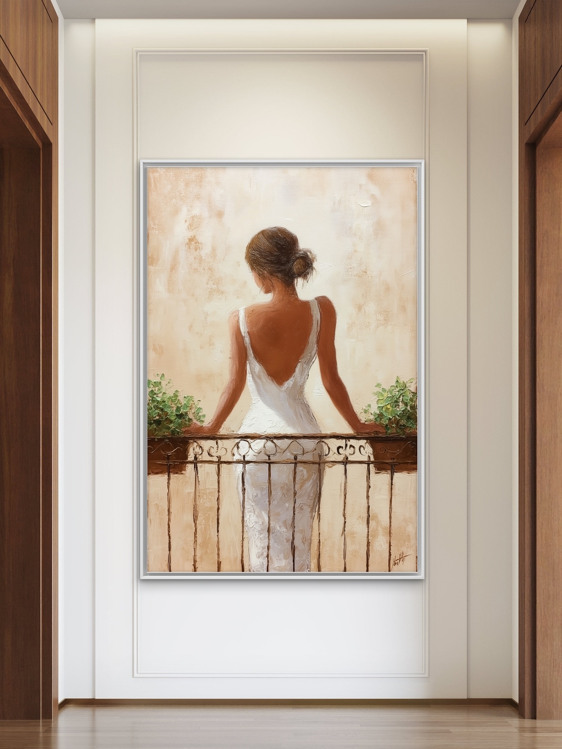 אישה בשמלה לבנה עומדת במרפסת מול רקע שמנת-זהב – תמונת קנבס אלגנטית NEXTGEN BY BAR