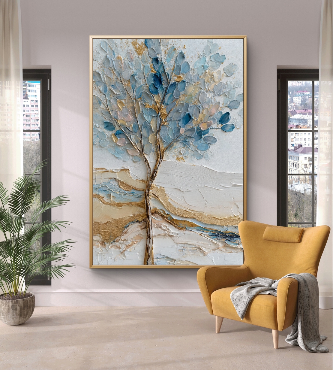 עץ התכלת – תמונת קנבס עץ עדין בגווני תכלת וזהב | CT2224