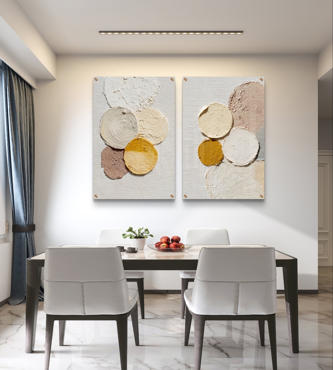 תמונת זכוכית זוגית בעיצוב אבסטרקטי מינימליסטי עם עיגולים בגווני שמנת, בז’ וחרדל, הדפסה חלקה וללא תבליט