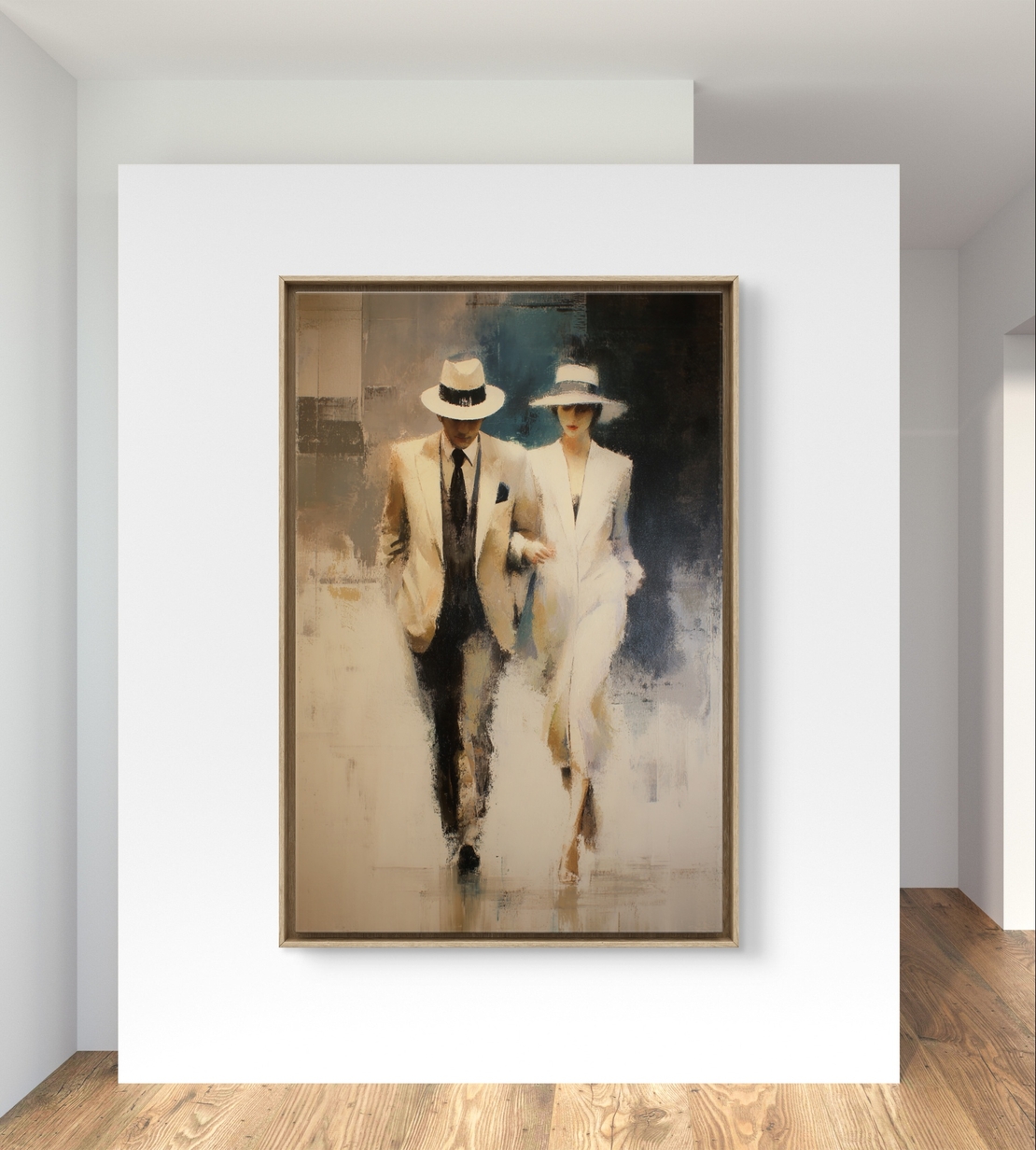 הליכת ערב – תמונת קנבס זוג אלגנטי בסגנון קלאסי רך בגווני שמנת וכחול | MS1644