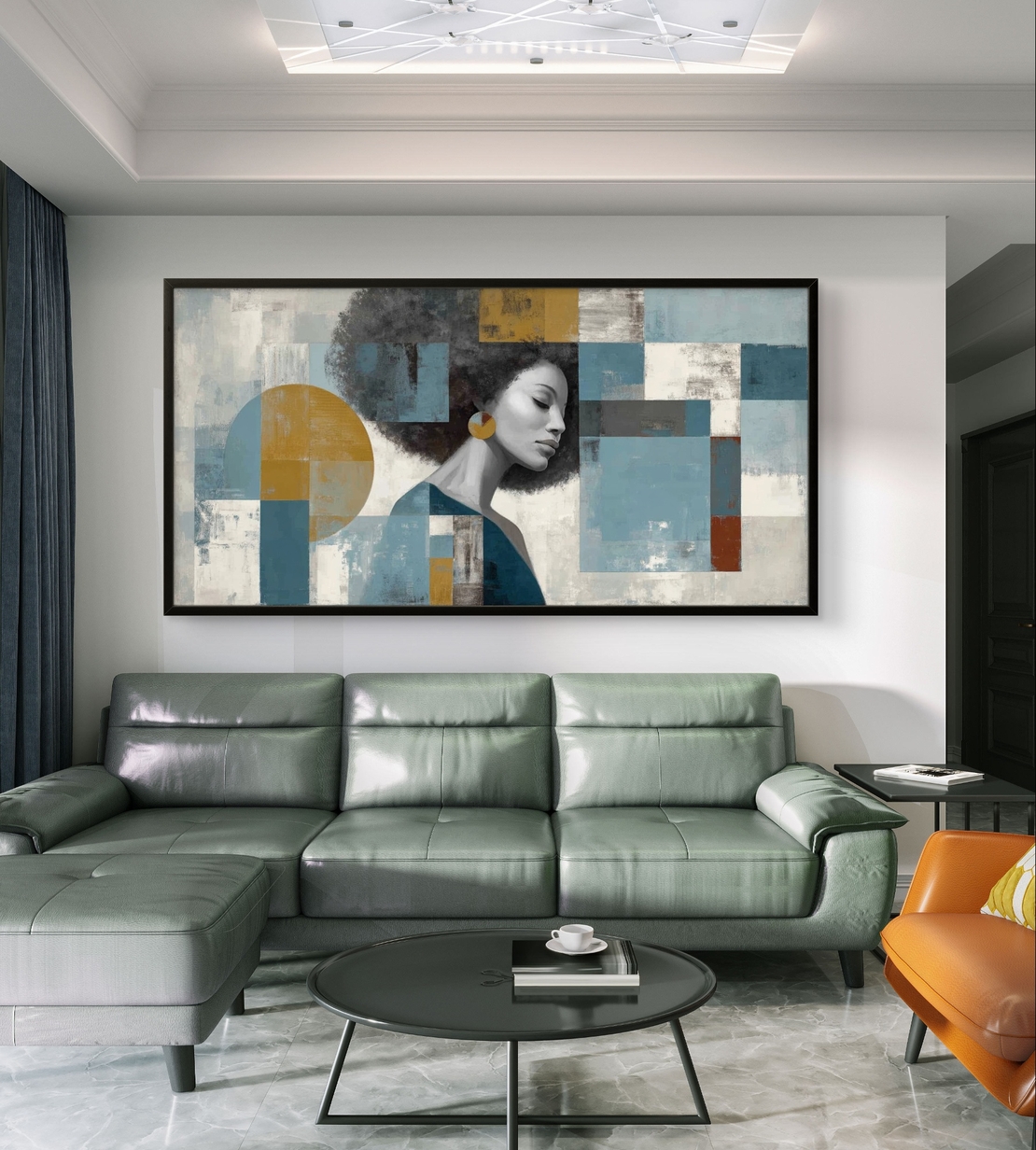תמונת קנבס של דיוקן אישה עם רקע גיאומטרי בגווני כחול וזהב