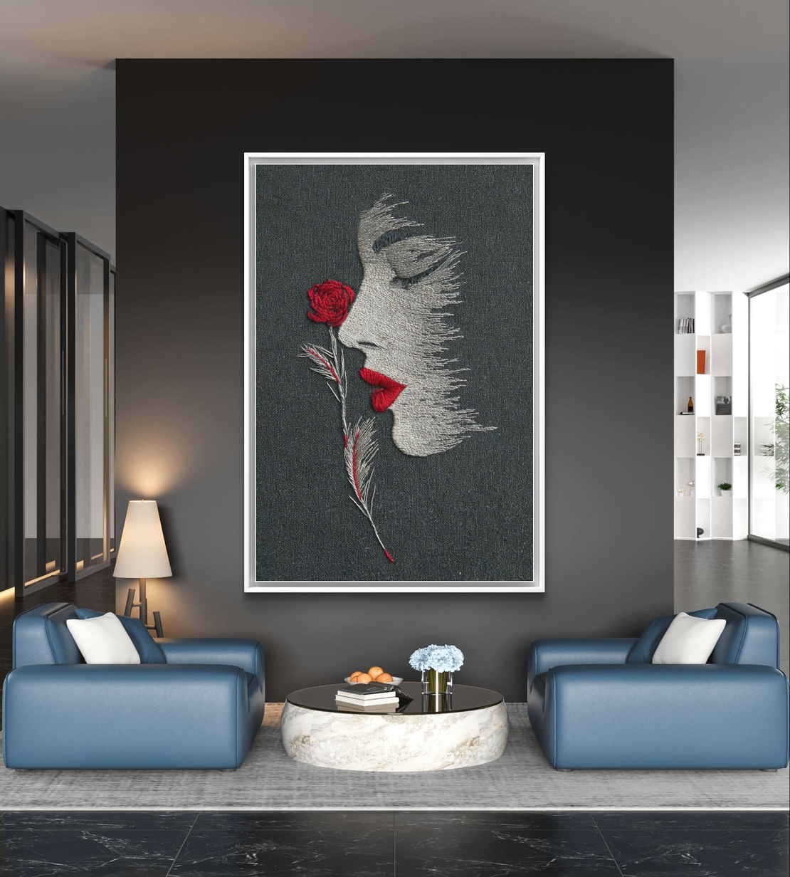 ורד אדום – תמונת קנבס פרופיל אישה עם ורד אדום על רקע כהה | CT2225