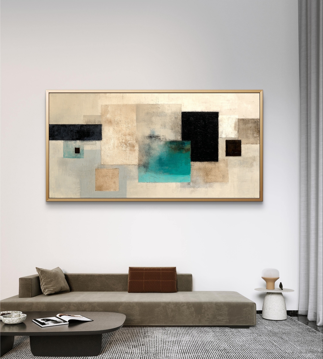 תמונת קנבס גיאומטרית מינימליסטית – בז׳, שחור וטורקיז בעיצוב מודרני | CP3232