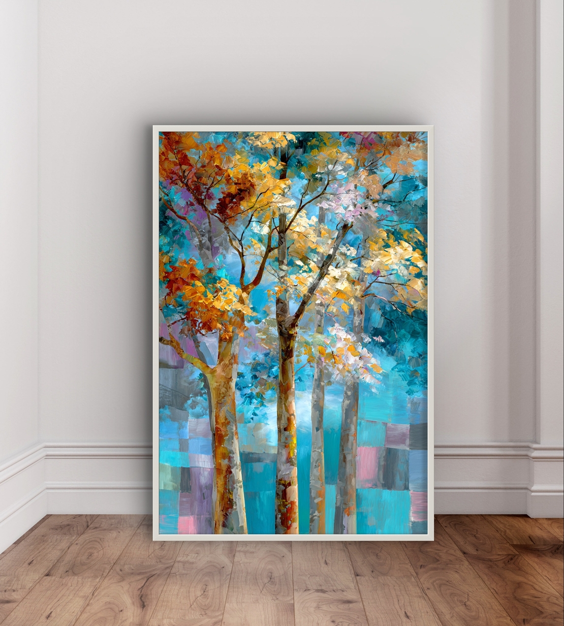 תמונת קנבס עם עצים אמנותיים בגווני תכלת, טורקיז וזהב, בעיצוב מודרני ומרגיע לבית