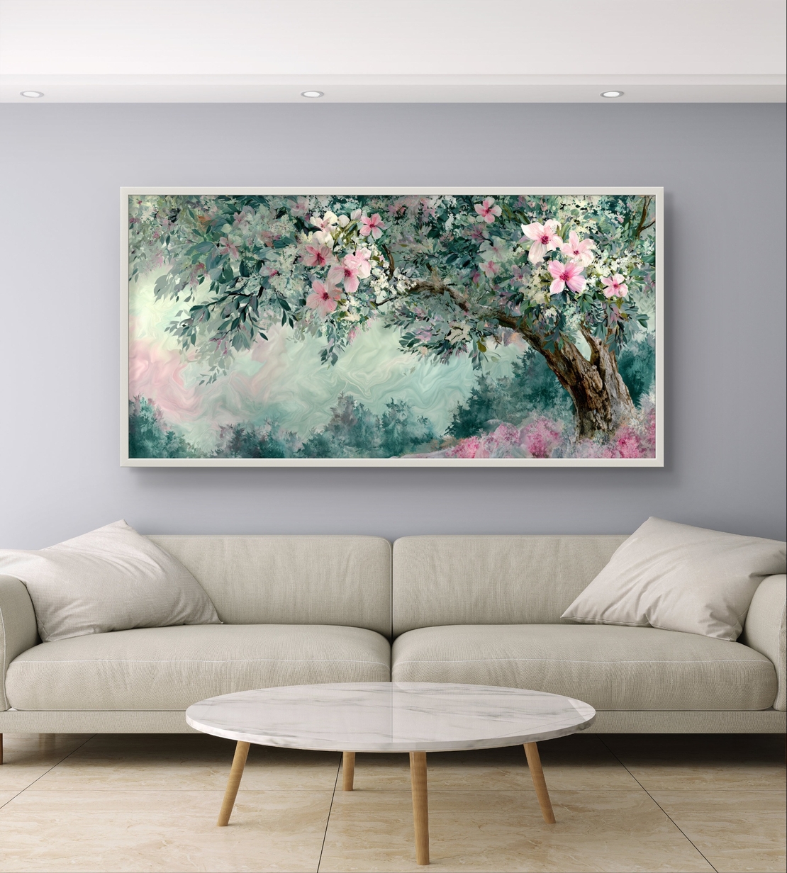 תמונת קנבס פריחת אביב רומנטית – ענפי פרחים בגווני ירוק ופודרה | CJ6532