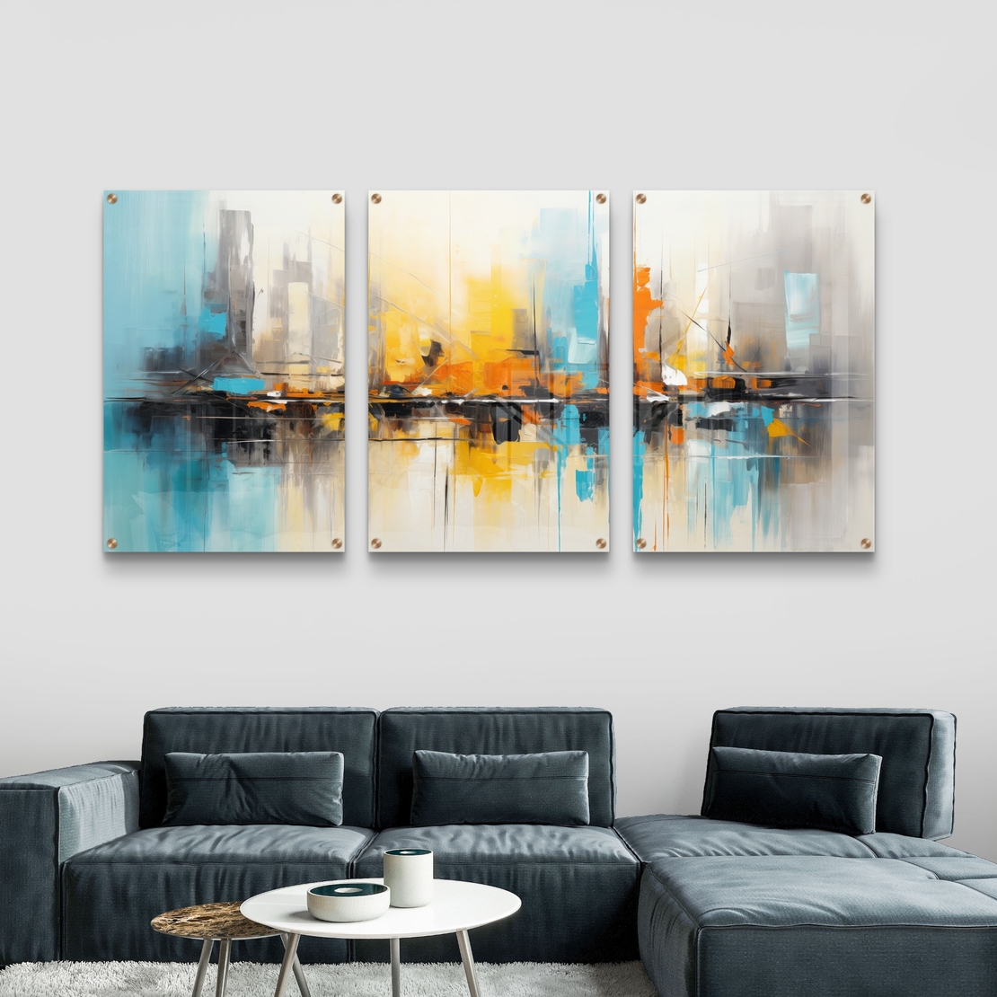 סט תמונות זכוכית מודרני בגווני תכלת וכתום לסלון