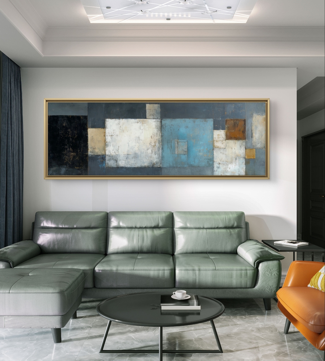 ריבועים שקטים – תמונת קנבס פנורמית אבסטרקטית בגווני כחול, לבן, אפור וזהב | CT4672