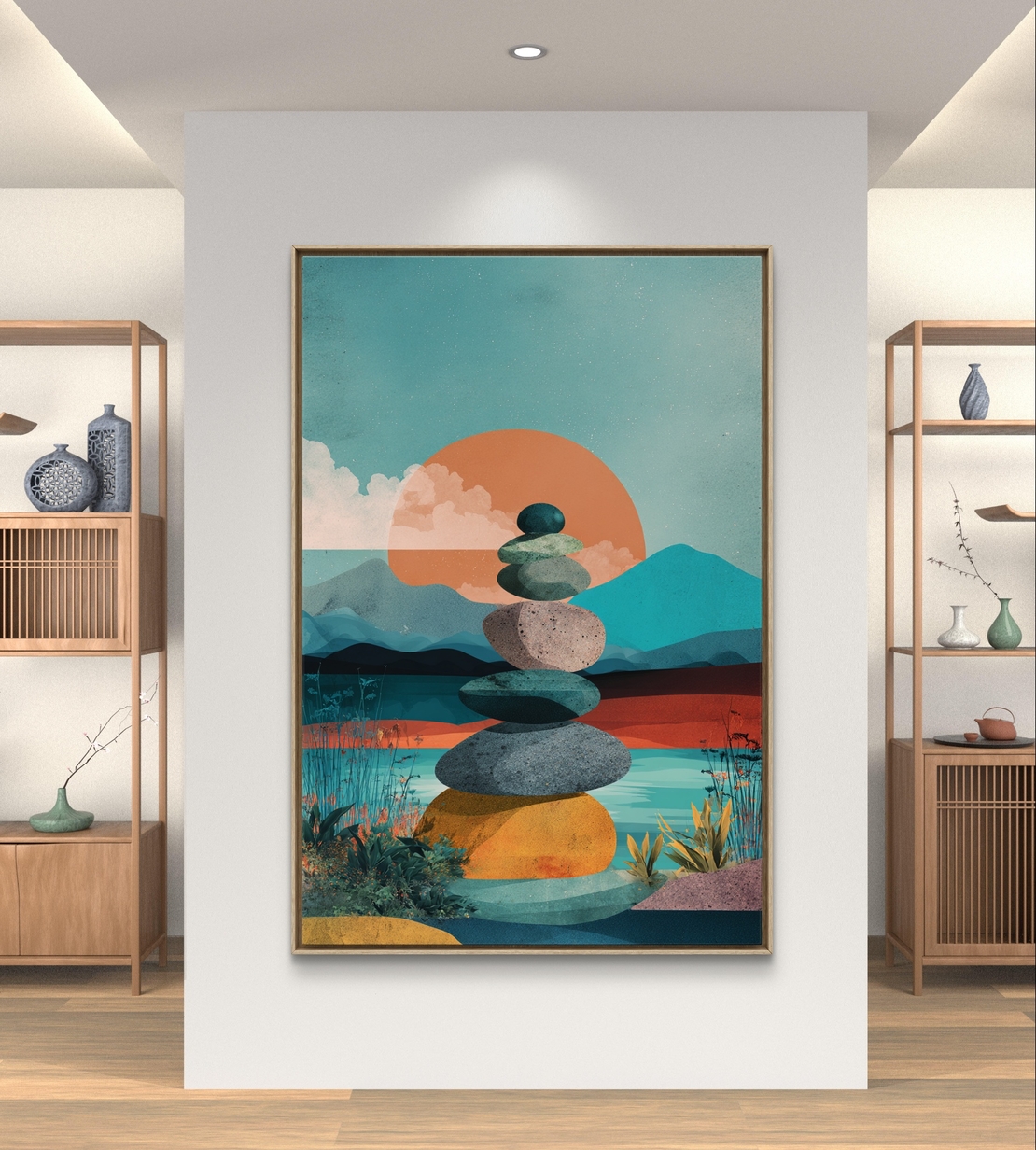 איזון שקיעה – תמונת קנבס אבני זן מול נוף שקיעה צבעוני | CT2222