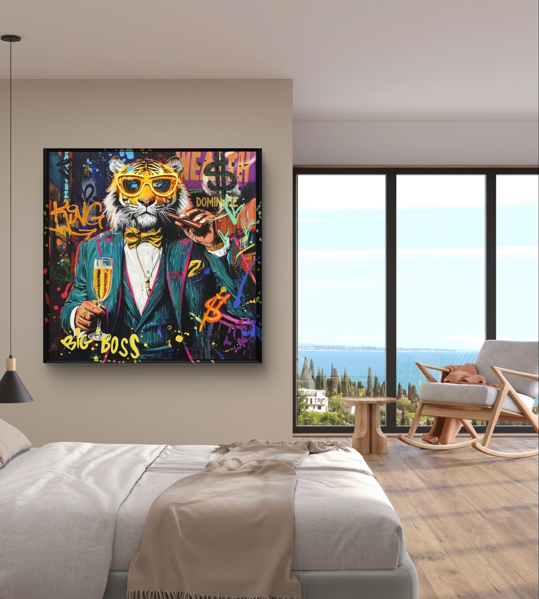 תמונת טייגר BIG BOSS מוארת עם שלט רחוק וסוללות – אמנות LED - מידות 83*83 ס