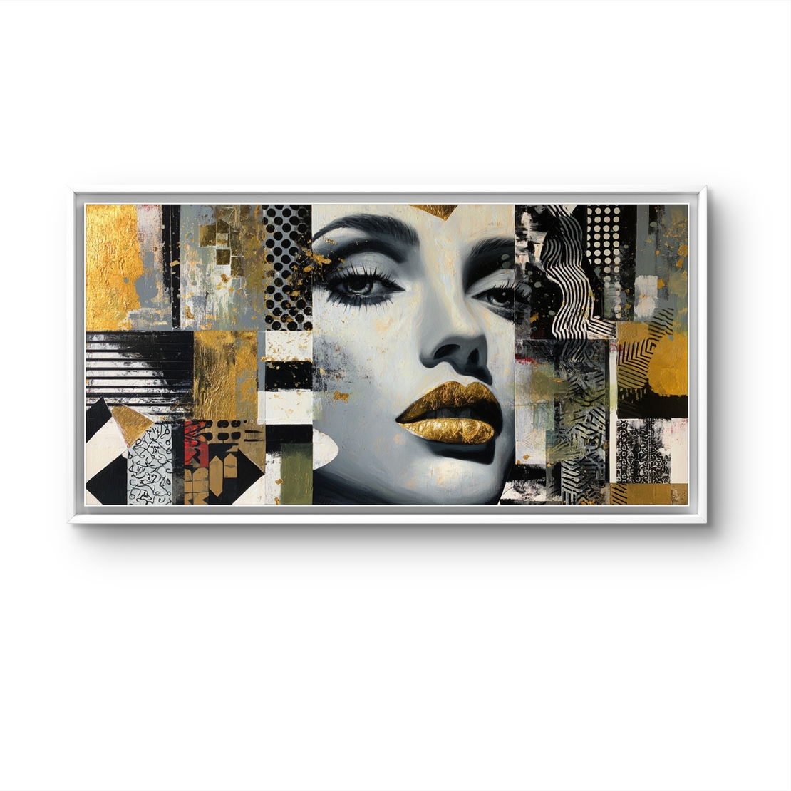 תמונת קנבס לרוחב עם דיוקן נשי אבסטרקטי ונגיעות זהב בגווני שחור, לבן ואפור, בהדפסה חלקה לעיצוב מודרני ויוקרתי.