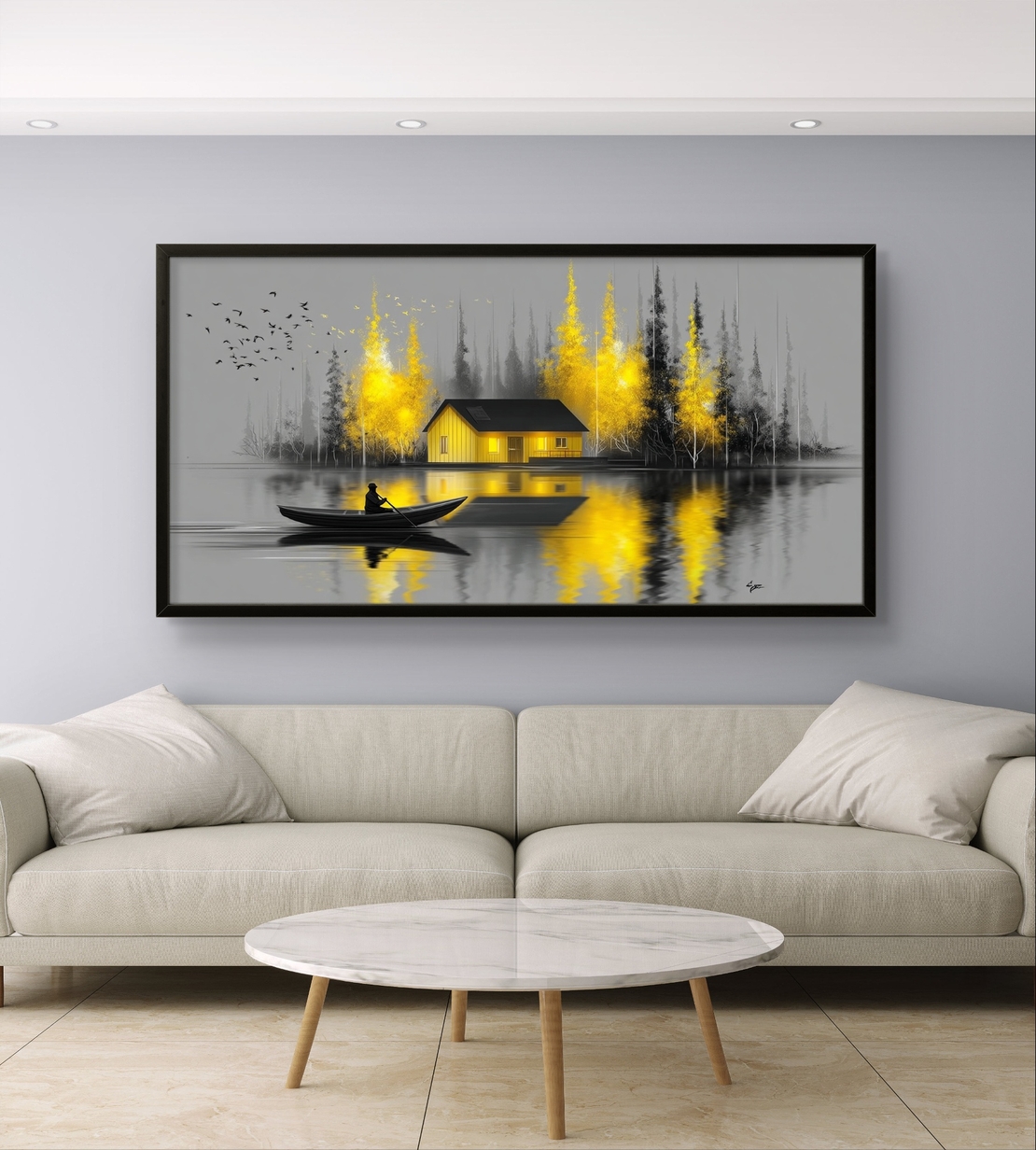 בית הזהב בערפל – תמונת קנבס נוף סירה ובית על אגם | CY4515