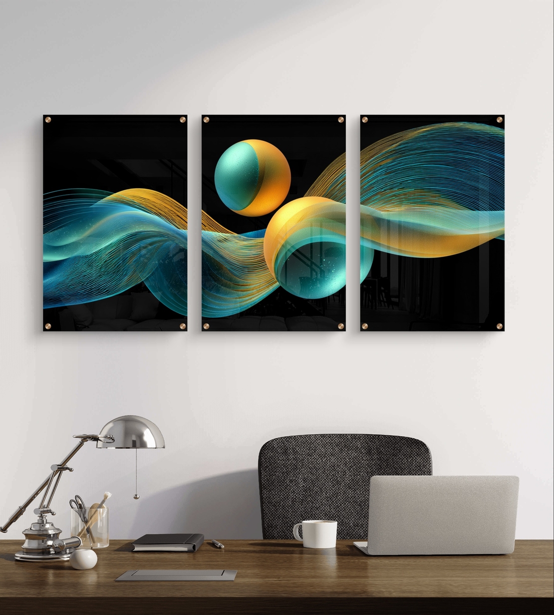 שלישיית תמונות זכוכית אבסטרקטיות עם גלים וכדורים בגווני טורקיז וזהב על רקע שחור