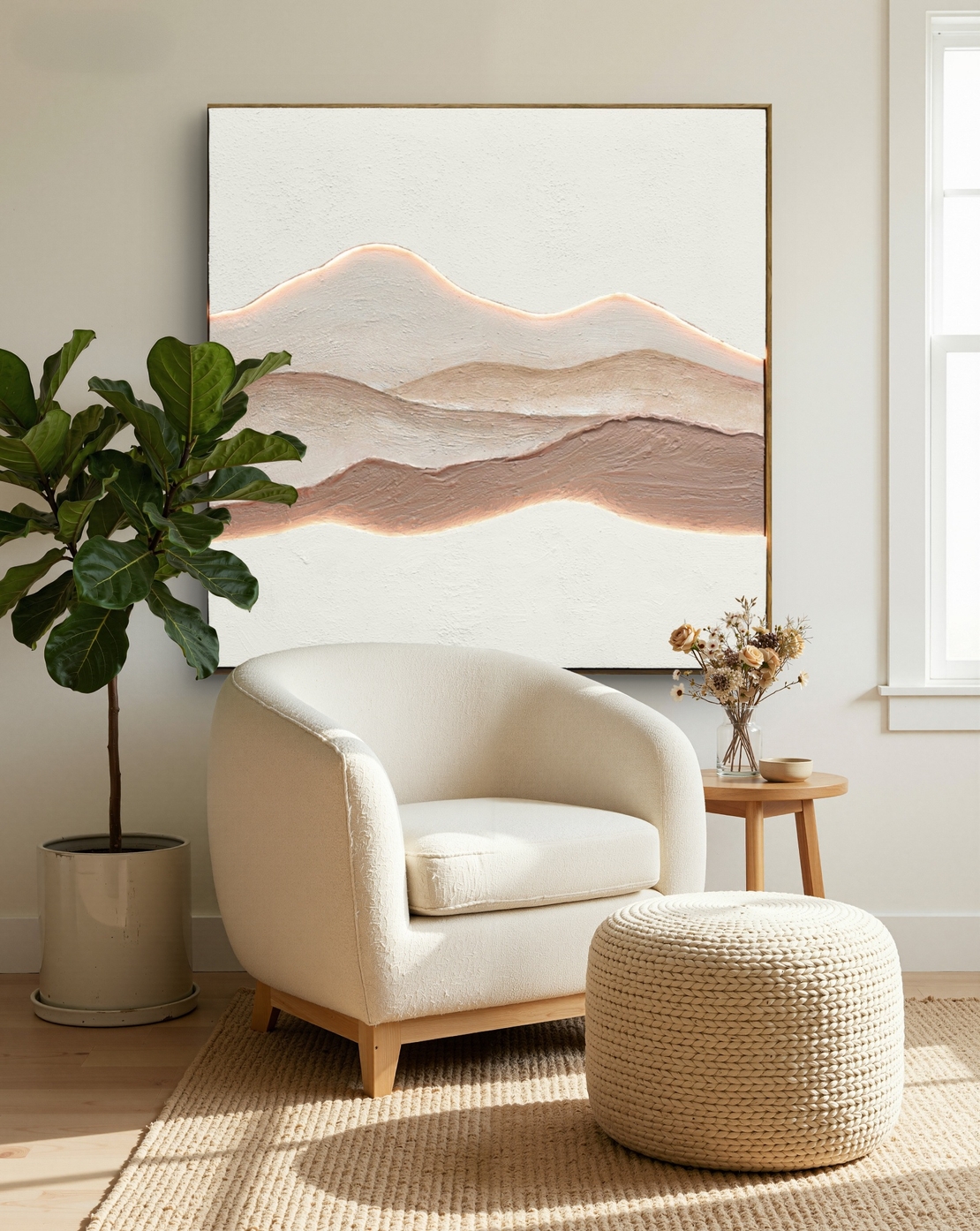 תמונת נוף אבסטרקטית מוארת עם שלט רחוק וסוללות – אמנות LED בגווני חול דגם LED1008-מידה 100-100 ס