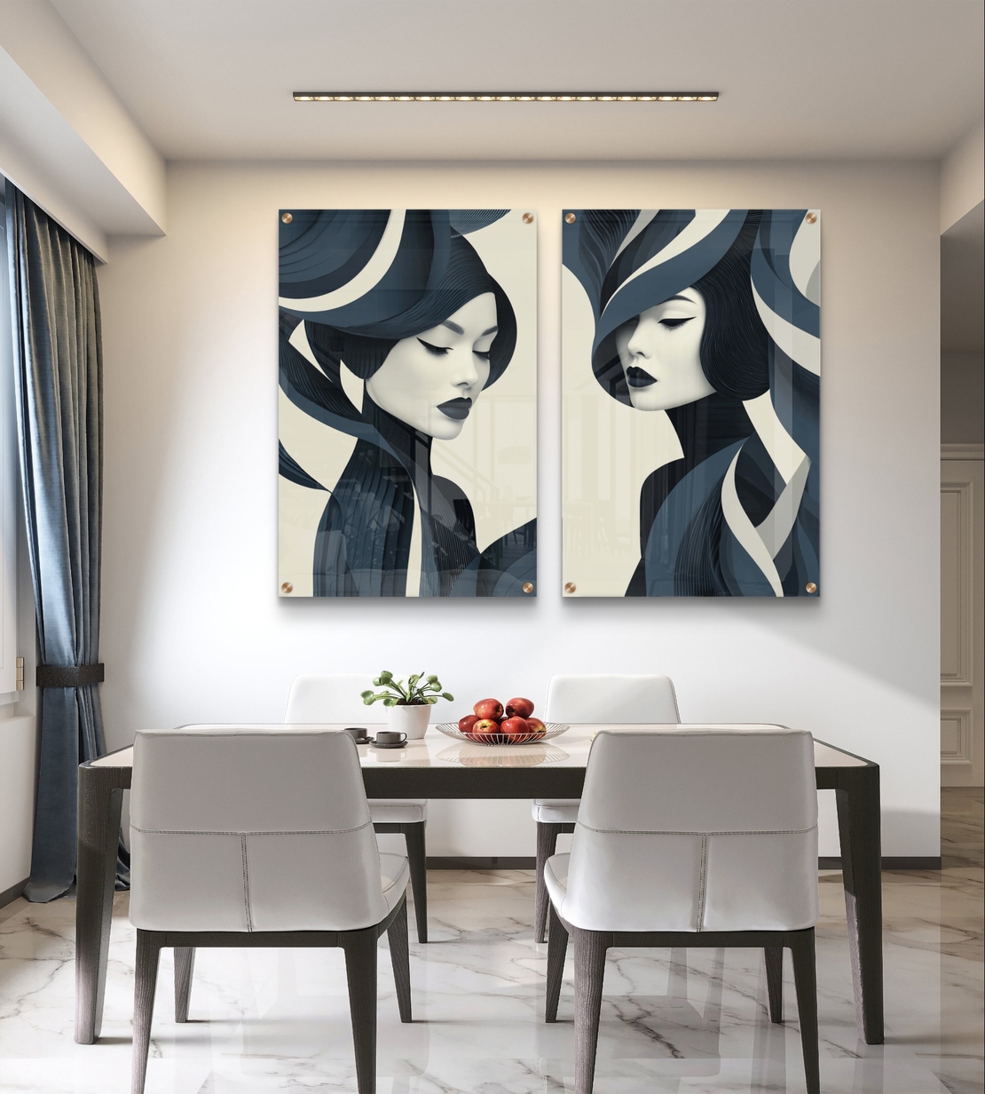 תמונת זכוכית זוגית עם דיוקנאות נשיים בעיצוב מודרני בגווני כחול ואפור