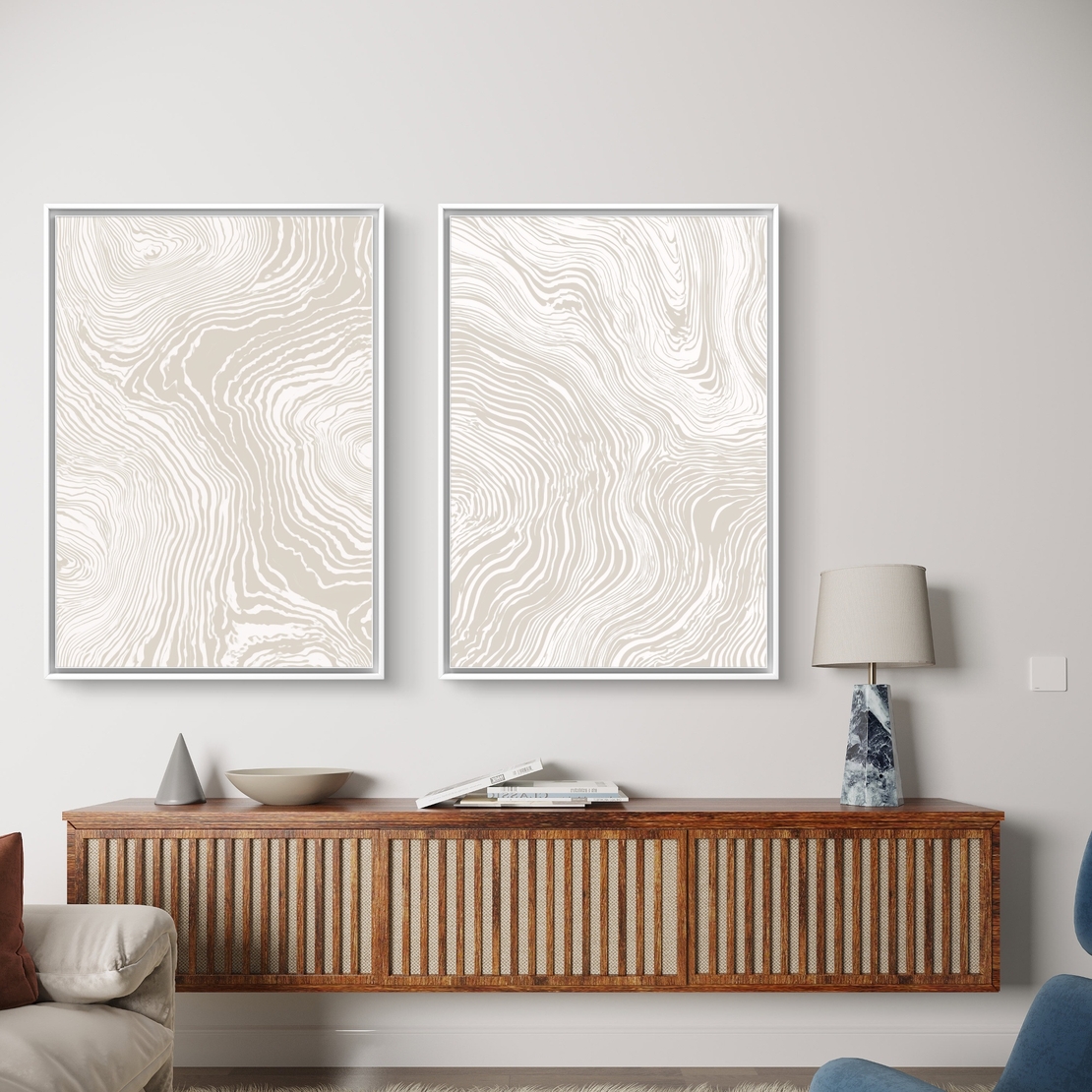 זוג תמונות קנבס עם קווים זורמים בגווני בז ושמנת