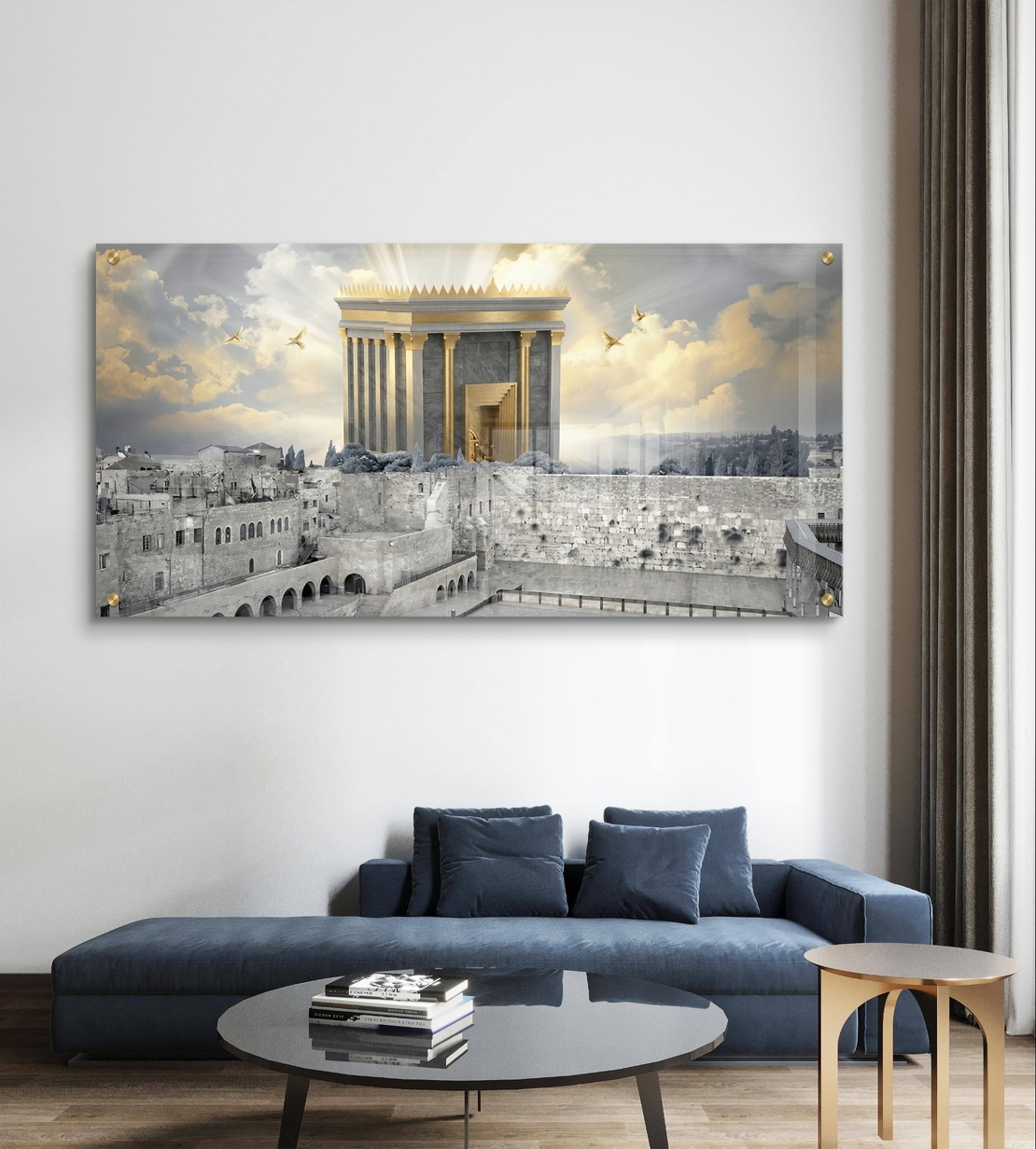 תמונת זכוכית קדושה של בית המקדש בירושלים עם אור שמימי ויונים בהדפסה חלקה