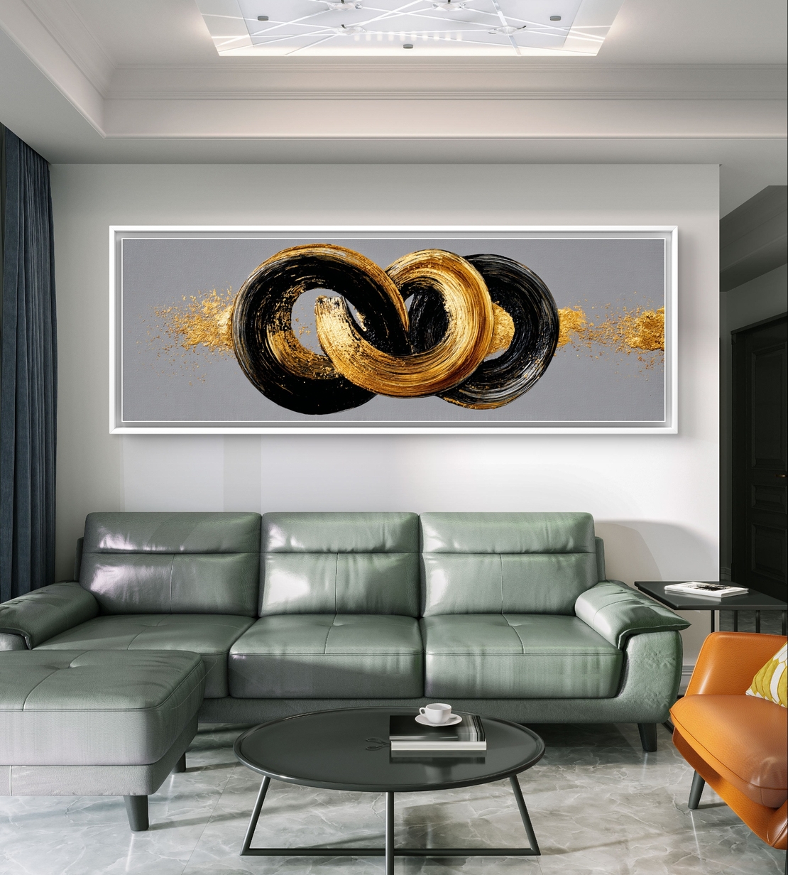 קשר אינסוף – תמונת קנבס פנורמית עם טבעות מכחול בשחור וזהב על רקע אפור | CT4673