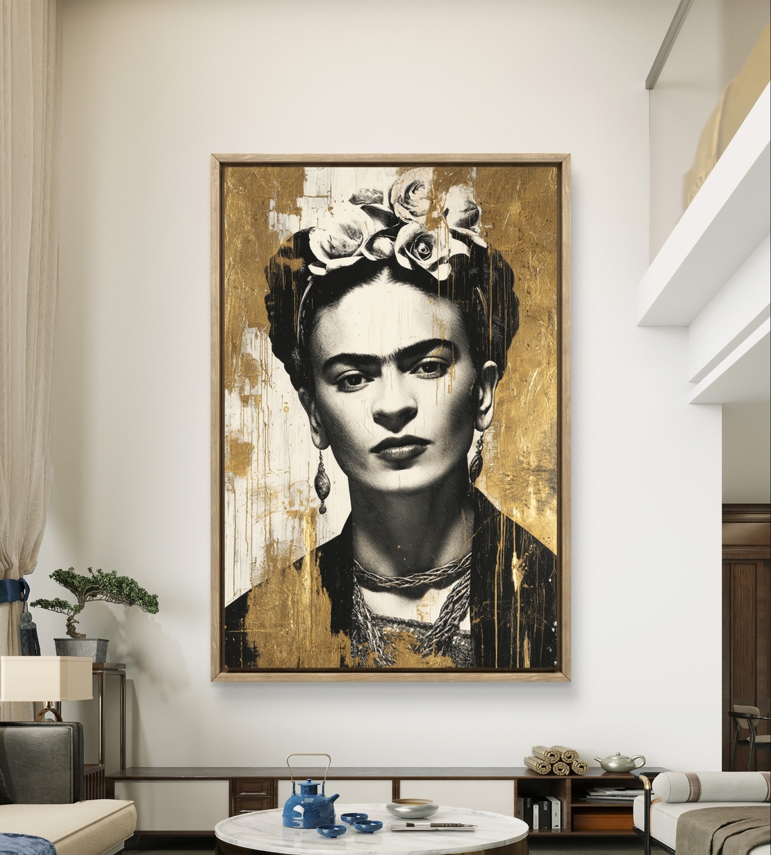דיוקן זהב פרידה קאלו מונוכרומטי – תמונת קנבס אישה בשחור לבן וזהב | DC4472