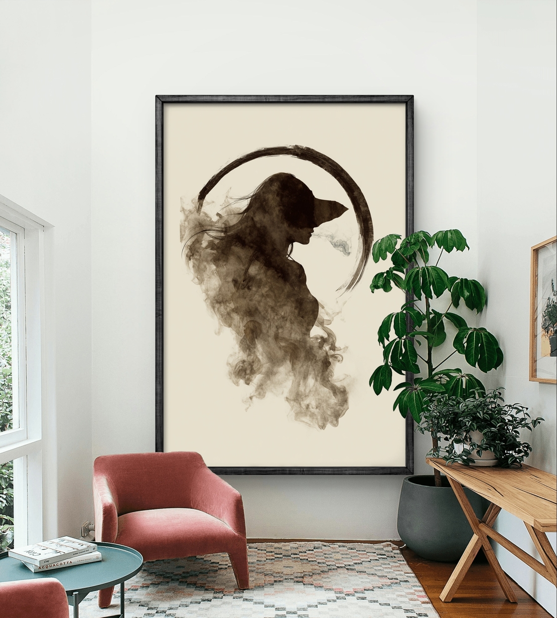 תמונת קנבס עם דמות נשית מופשטת בעשן רך ובסגנון מינימליסטי בגוונים טבעיים