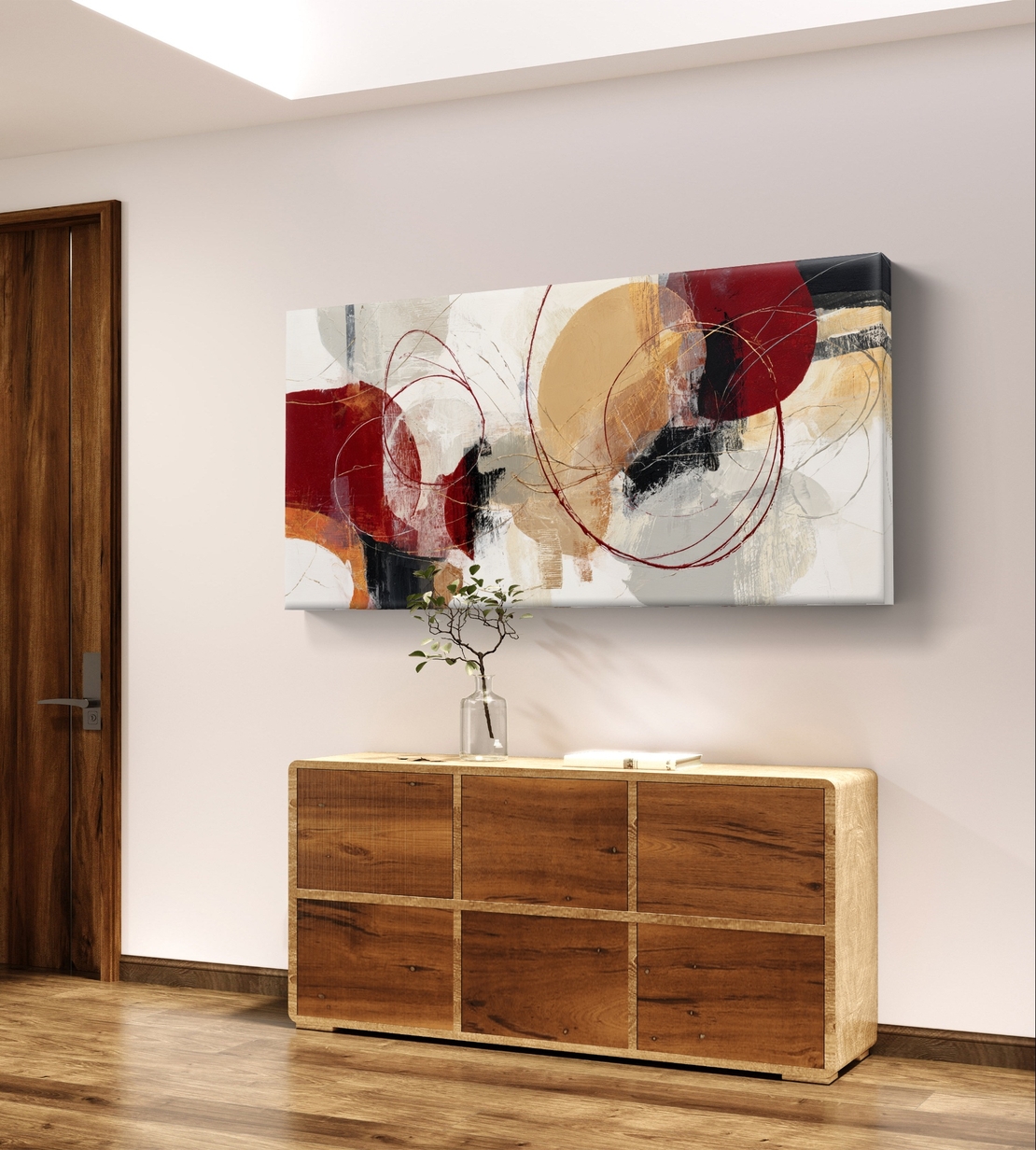 תמונת קנבס לרוחב בסגנון אבסטרקט עם מעגלים וקווים עדינים בגוונים חמים של אדום, בז’ וחרדל, לעיצוב סלון מודרני
