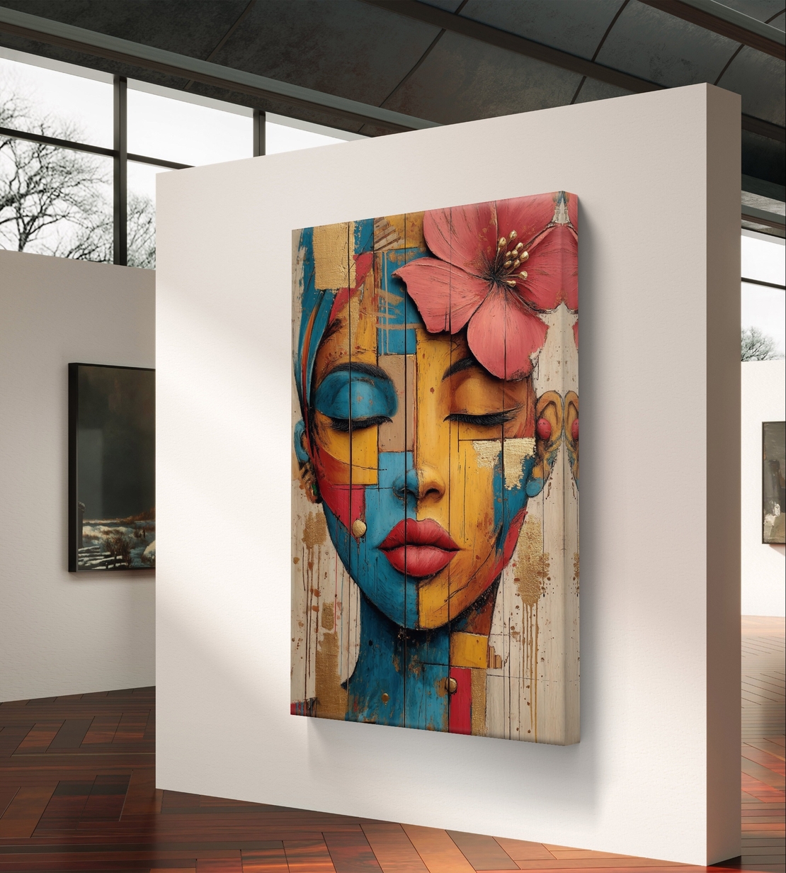 דיוקן נשי אומנותי עם עיניים עצומות ופרח בשיער בגווני טורקיז, זהב ואדמה מודפס על קנבס איכותי