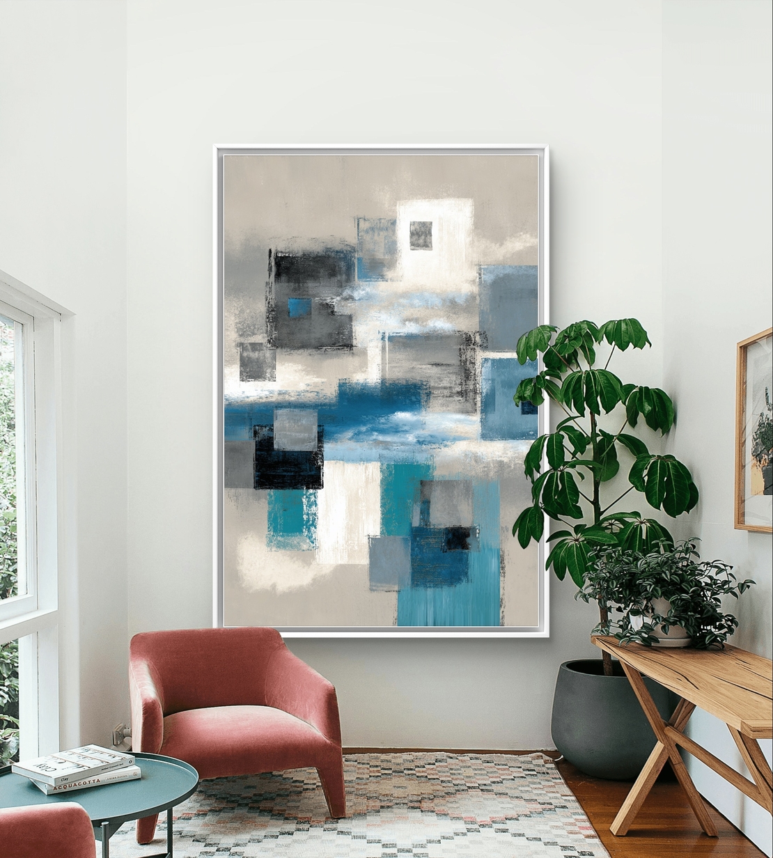 בלוקים כחולים – תמונת קנבס אבסטרקט גיאומטרית בכחול, אפור ולבן | CR6544