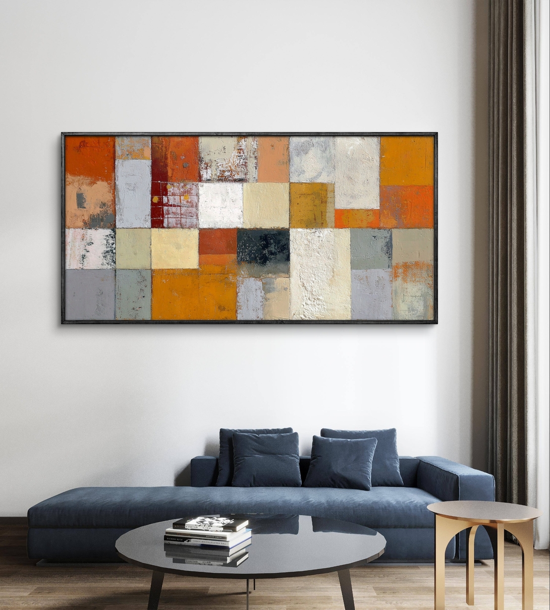 תמונת קנבס בסגנון פסיפס מופשט בגווני כתום, שמנת ואפור, בהדפסה חלקה ללא תבליט מקולקציית תכשיט לבית.