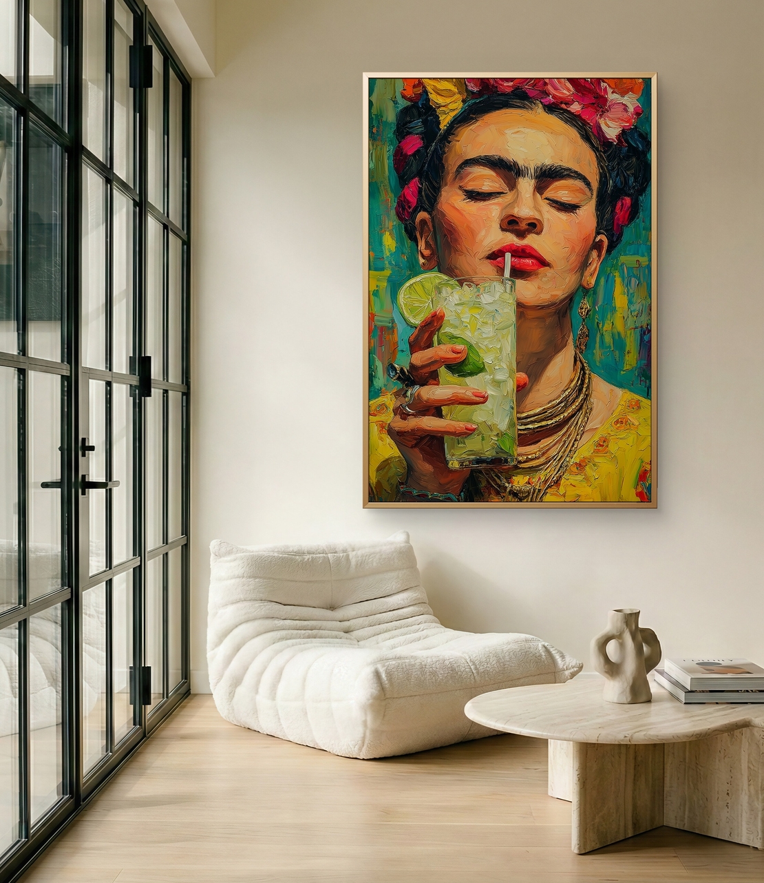 תמונת קנבס צבעונית בהשראת פרידה קאלו עם כוס משקה