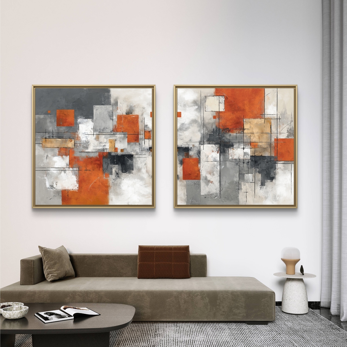 זוג תמונות אבסטרקט מרובעות עם קווים אדריכליים ובלוקים צבעוניים