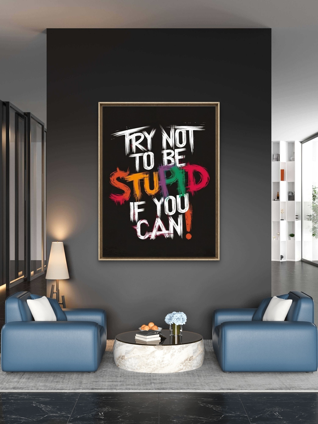 תמונת קנבס עם כיתוב השראתי בצבעים חזקים על רקע שחור בעיצוב אורבני מודרני לסלון או למשרד