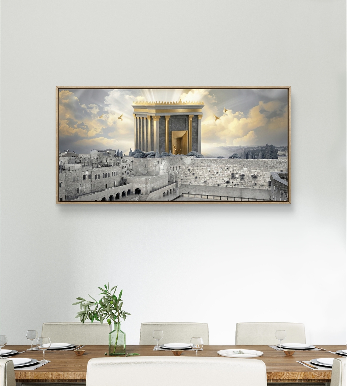 תמונת קנבס לרוחב של בית המקדש מעל ירושלים עם אור זהב שמיימי, עיצוב קדוש ומרומם לבית – מבית תכשיט לבית