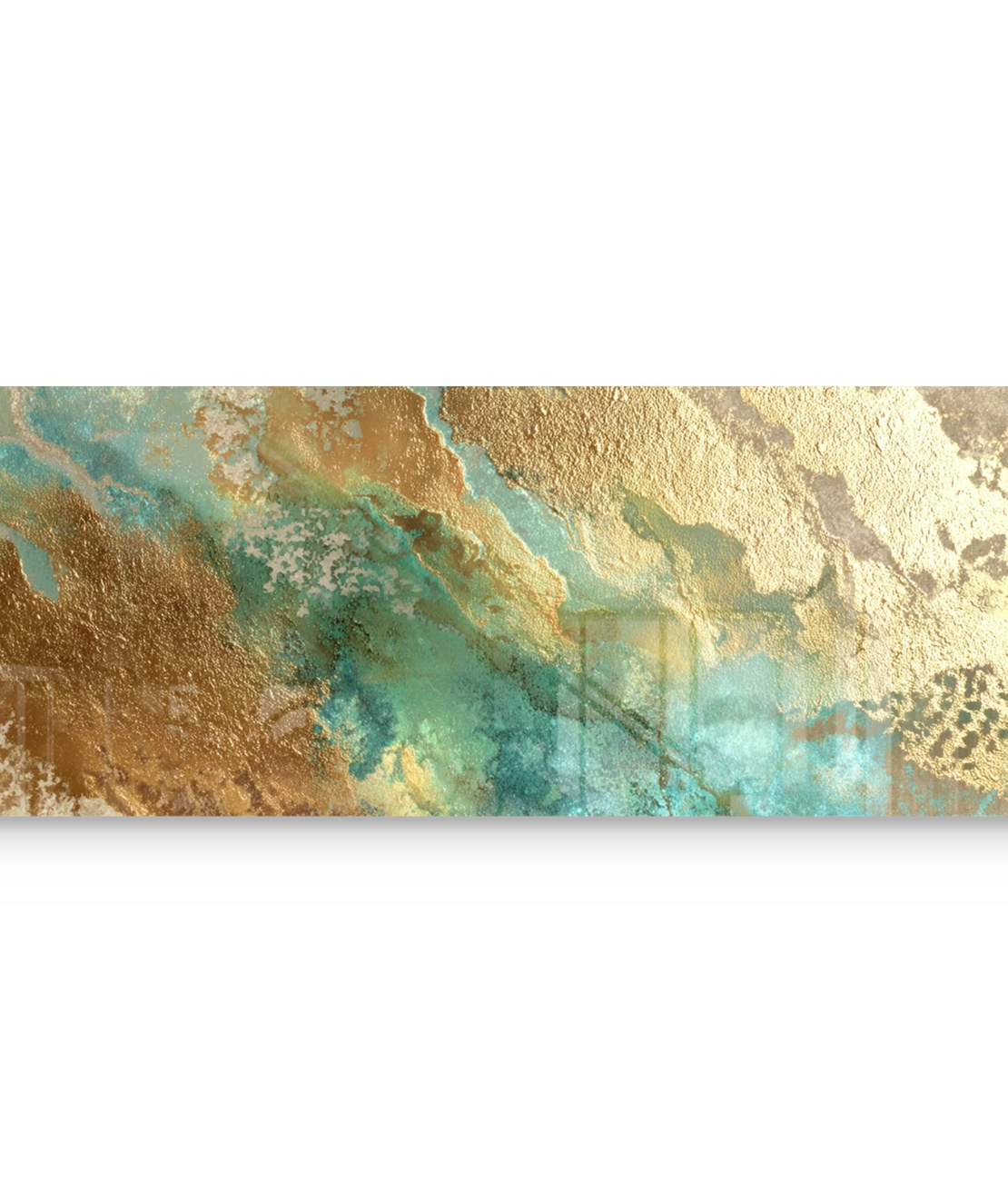 תמונת זכוכית פנורמית אבסטרקטית בגווני טורקיז וזהב עם מרקמים עשירים וזרימה טבעית בעיצוב יוקרתי לקיר הבית