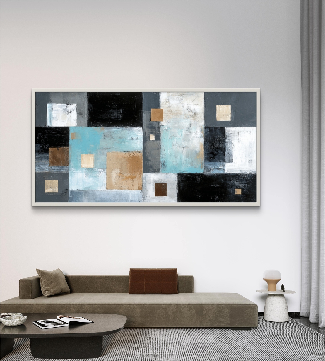 קוביות קרח – תמונת קנבס אבסטרקט גיאומטרי בכחול קרח, שחור ובז׳ | CK7121
