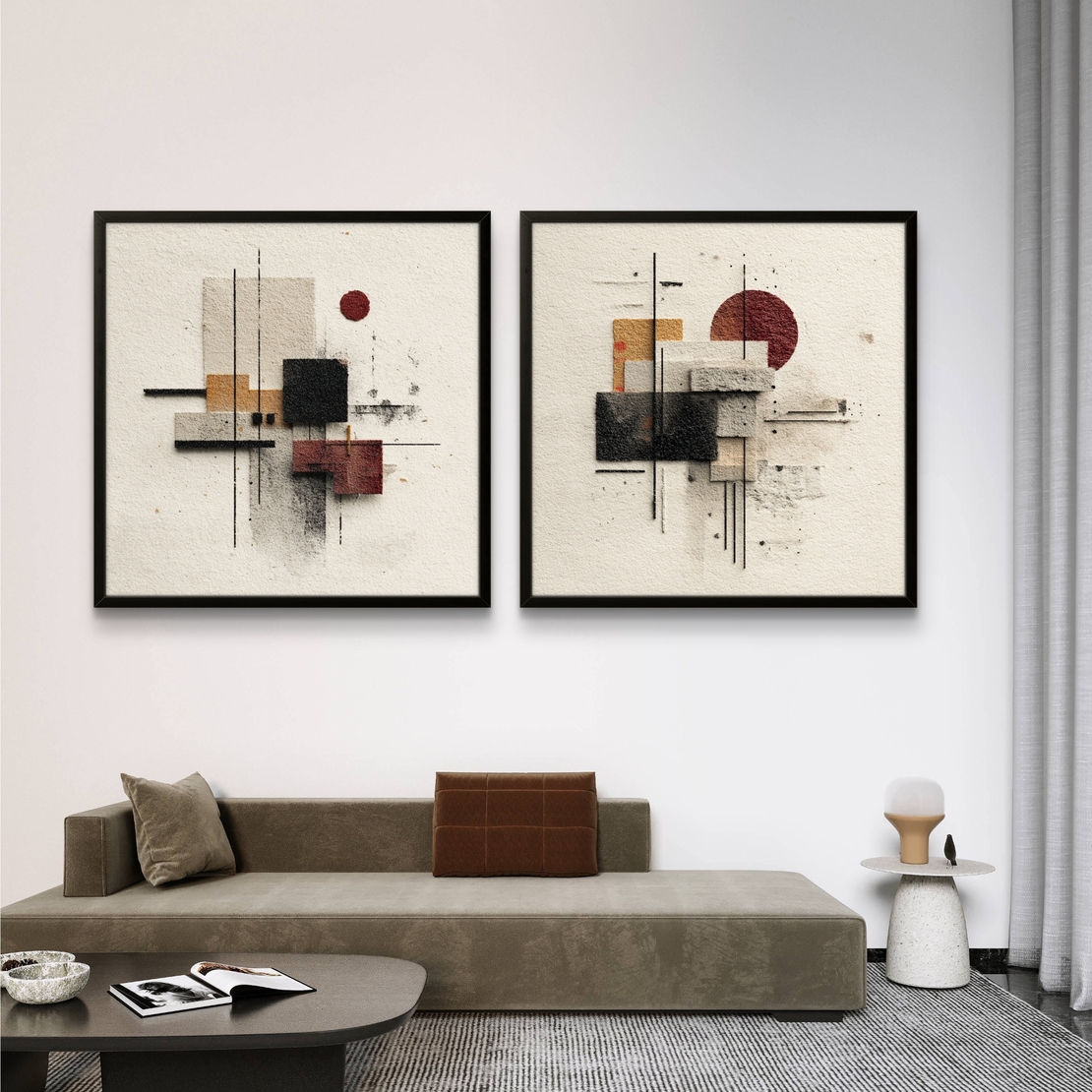 זוג תמונות קנבס גיאומטריות בגווני שמנת, שחור ובורדו – דגם SB6301