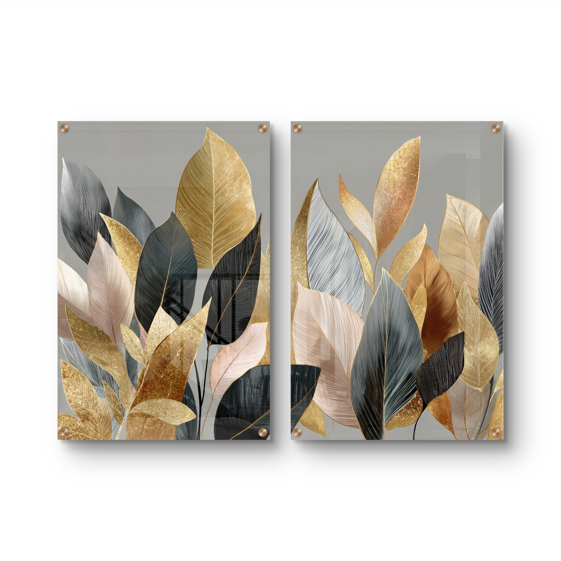 תמונת זכוכית זוגית עם עלים בגווני זהב, שמנת ושחור בעיצוב אלגנטי ומודרני