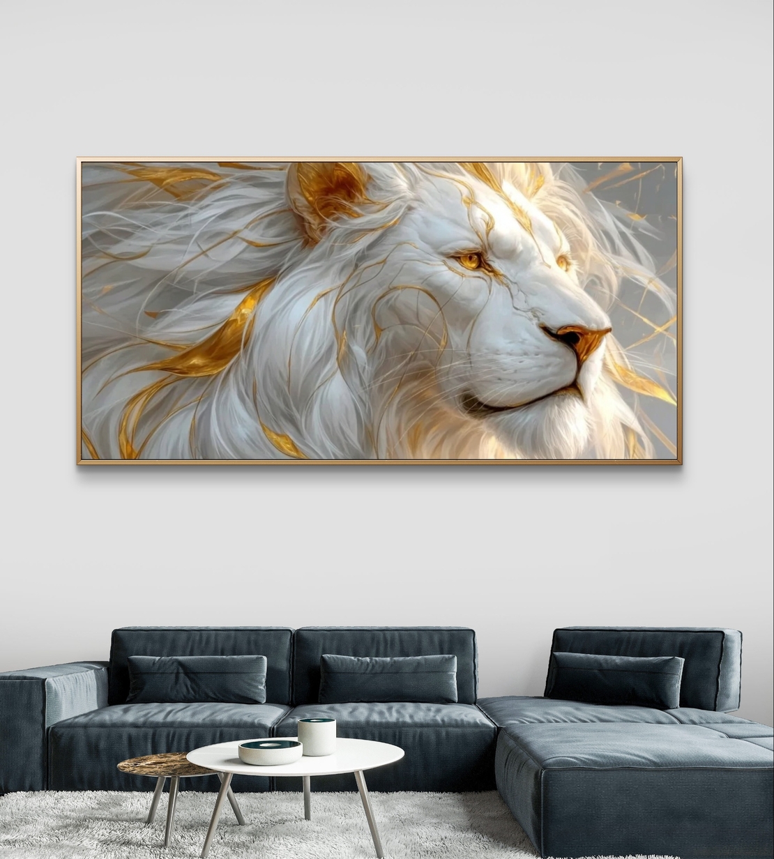 תמונת קנבס לרוחב של אריה לבן עם נגיעות זהב בעיצוב יוקרתי לעיצוב הבית