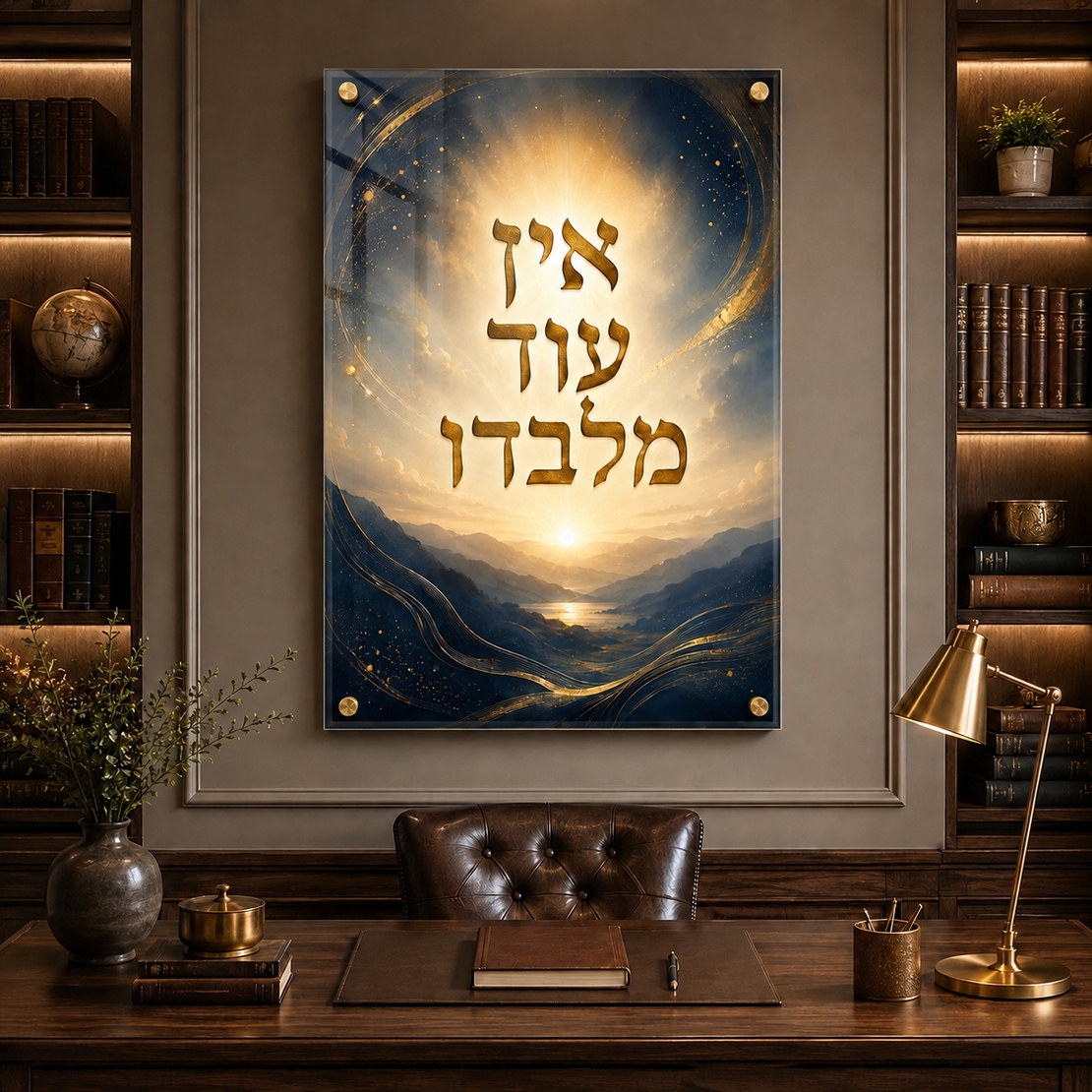 אין עוד מלבדו – תמונת זכוכית רוחנית כחול וזהב עם ספייסרים מוזהבים | RG454