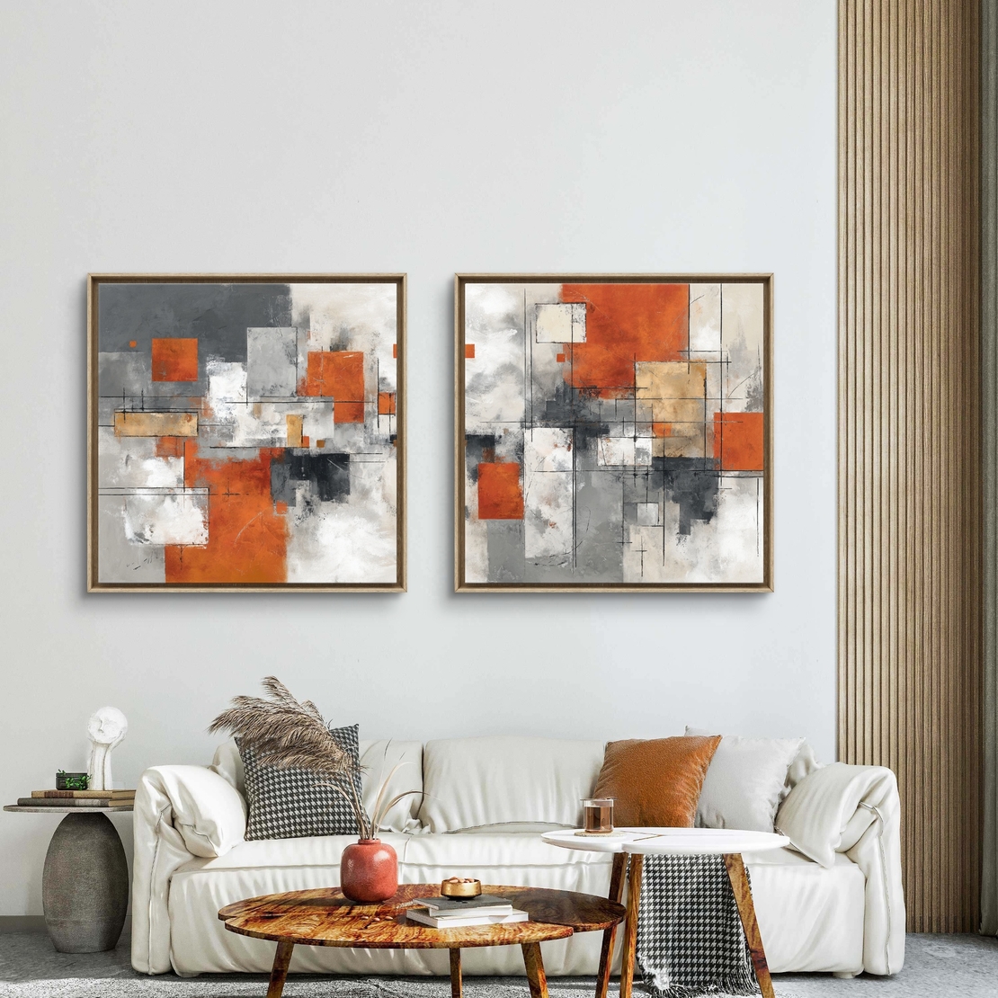 תמונות קיר מודרניות בגווני חלודה, אפור ולבן מבית תכשיט לבית