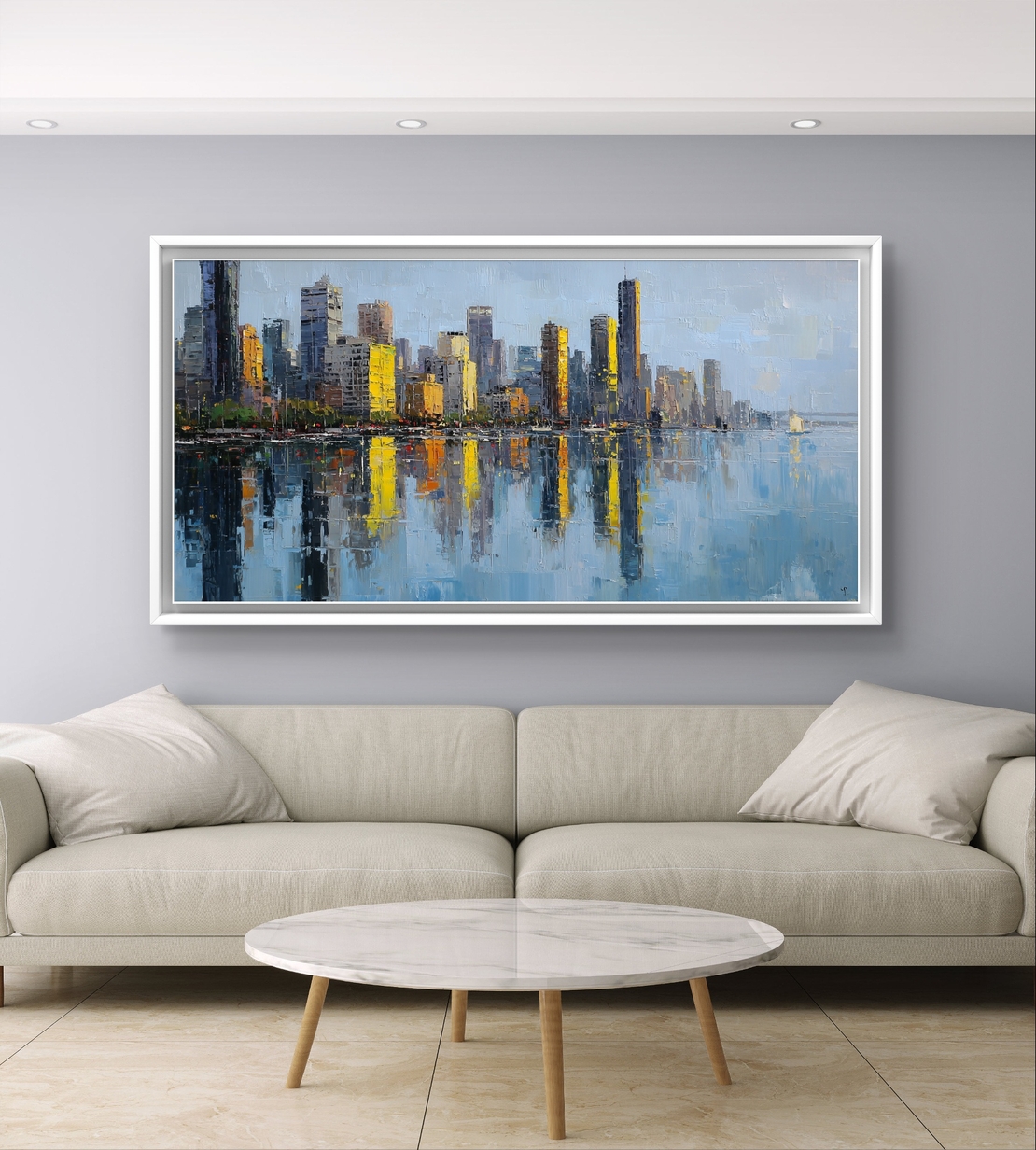 תמונת קנבס לרוחב של קו רקיע עירוני עם השתקפות במים בגווני כחול וזהב, לעיצוב סלון מודרני ואלגנטי